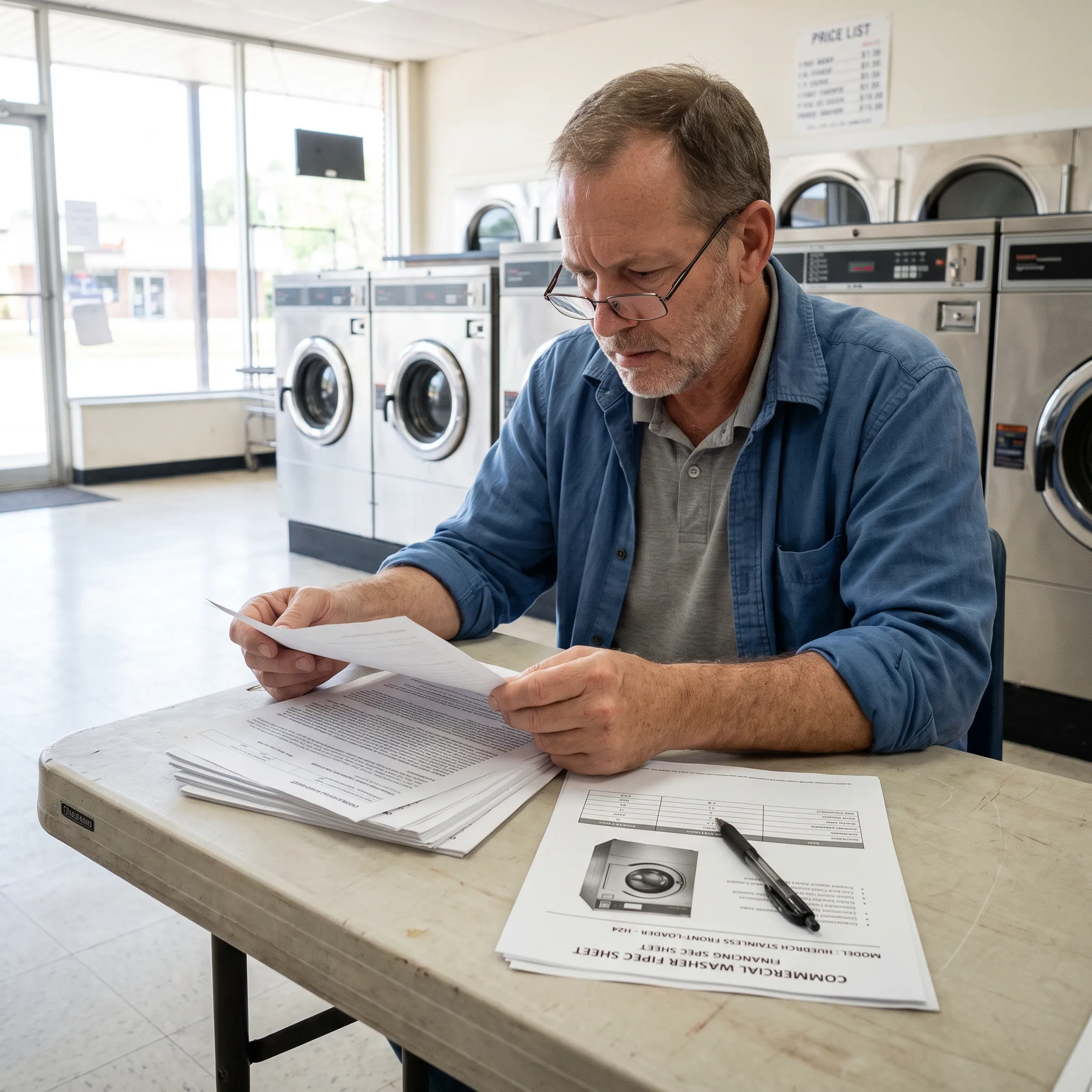 Business owner reviewing laundry equipment financing