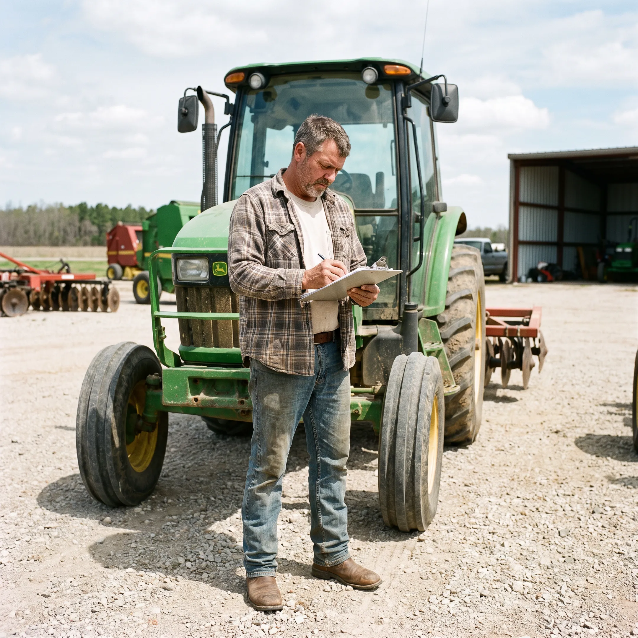 Farmer reviewing equipment financing documents