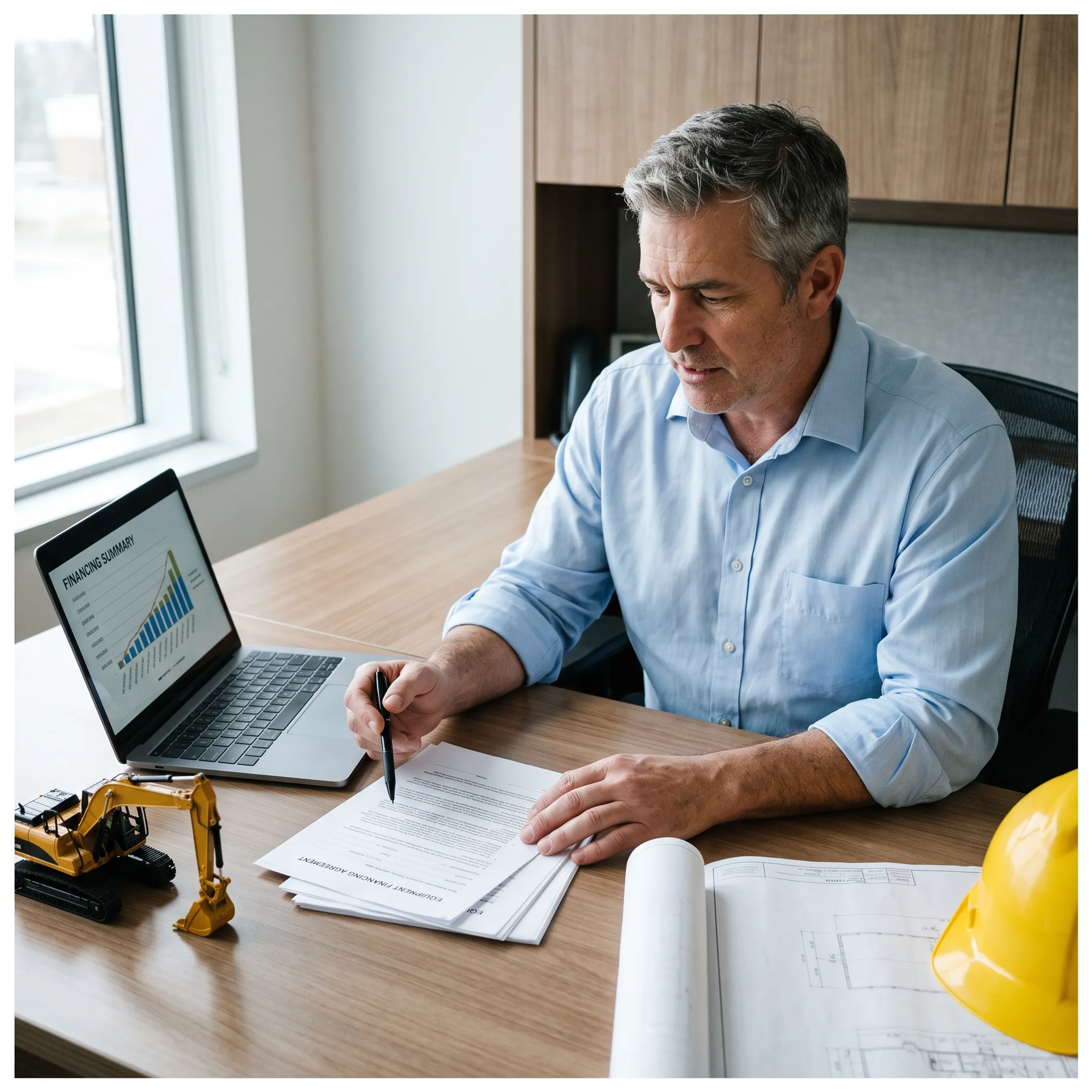 Manager reviewing equipment financing documents
