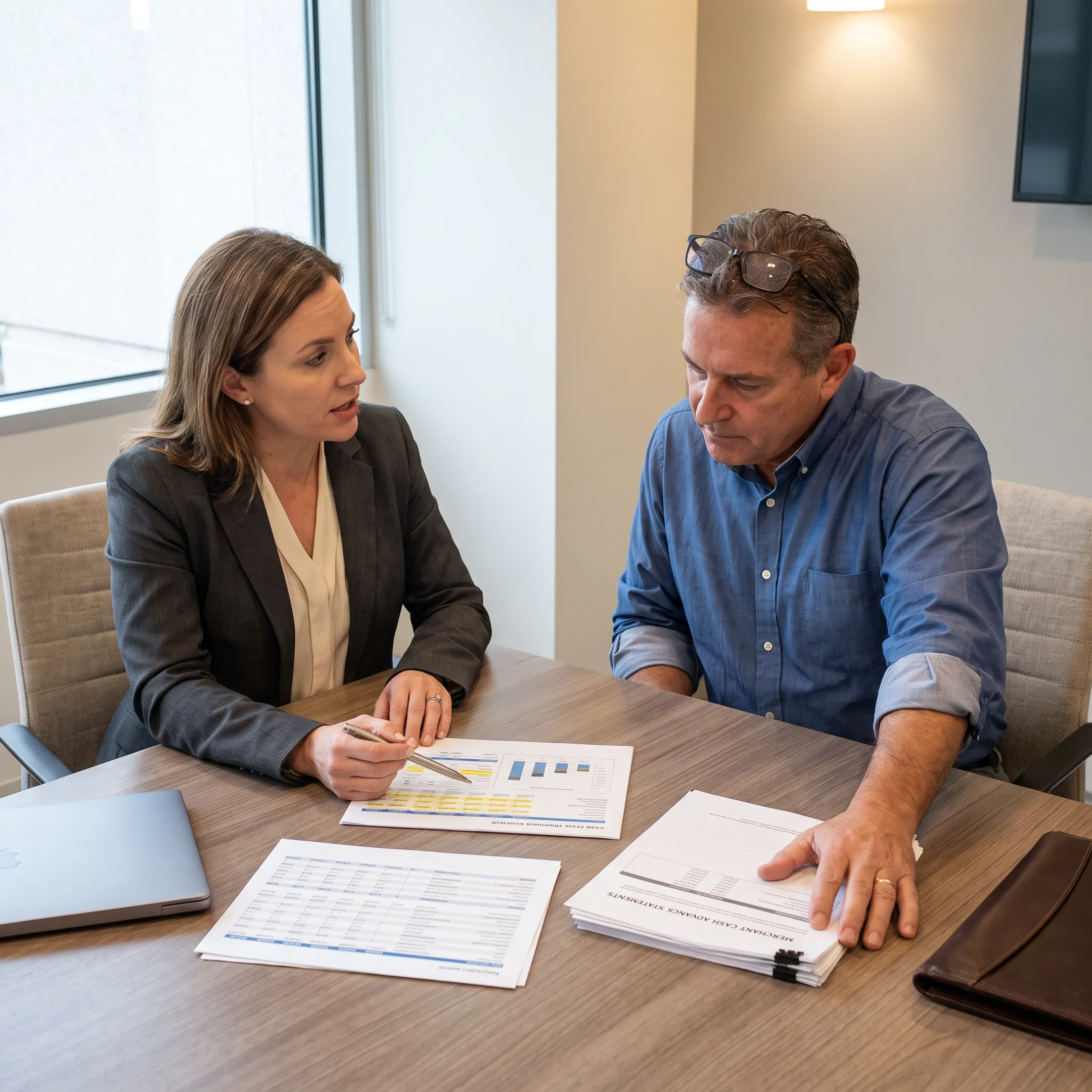 Advisor explaining business consolidation process