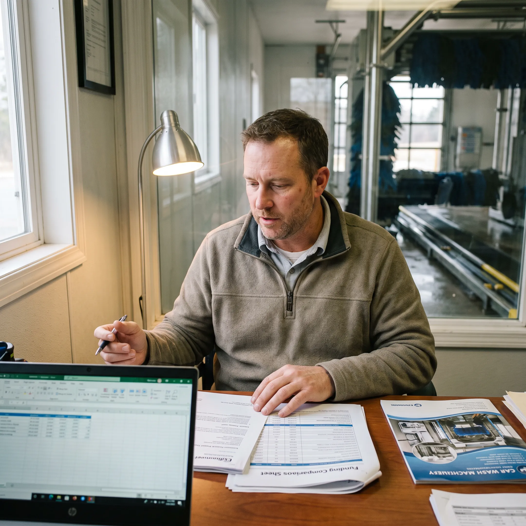 Business owner reviewing car wash equipment financing