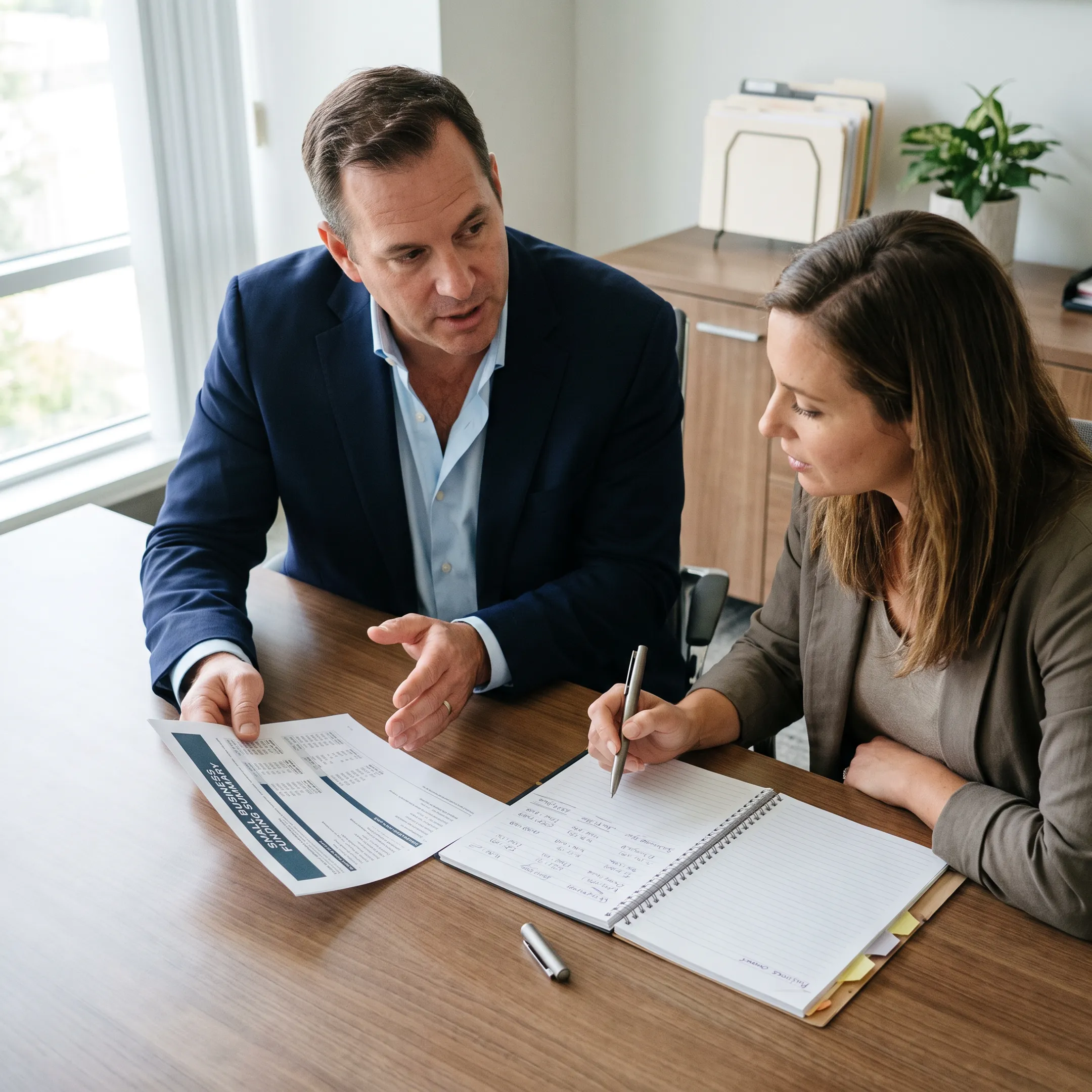 Advisor explaining merchant cash advance funding options to a business owner