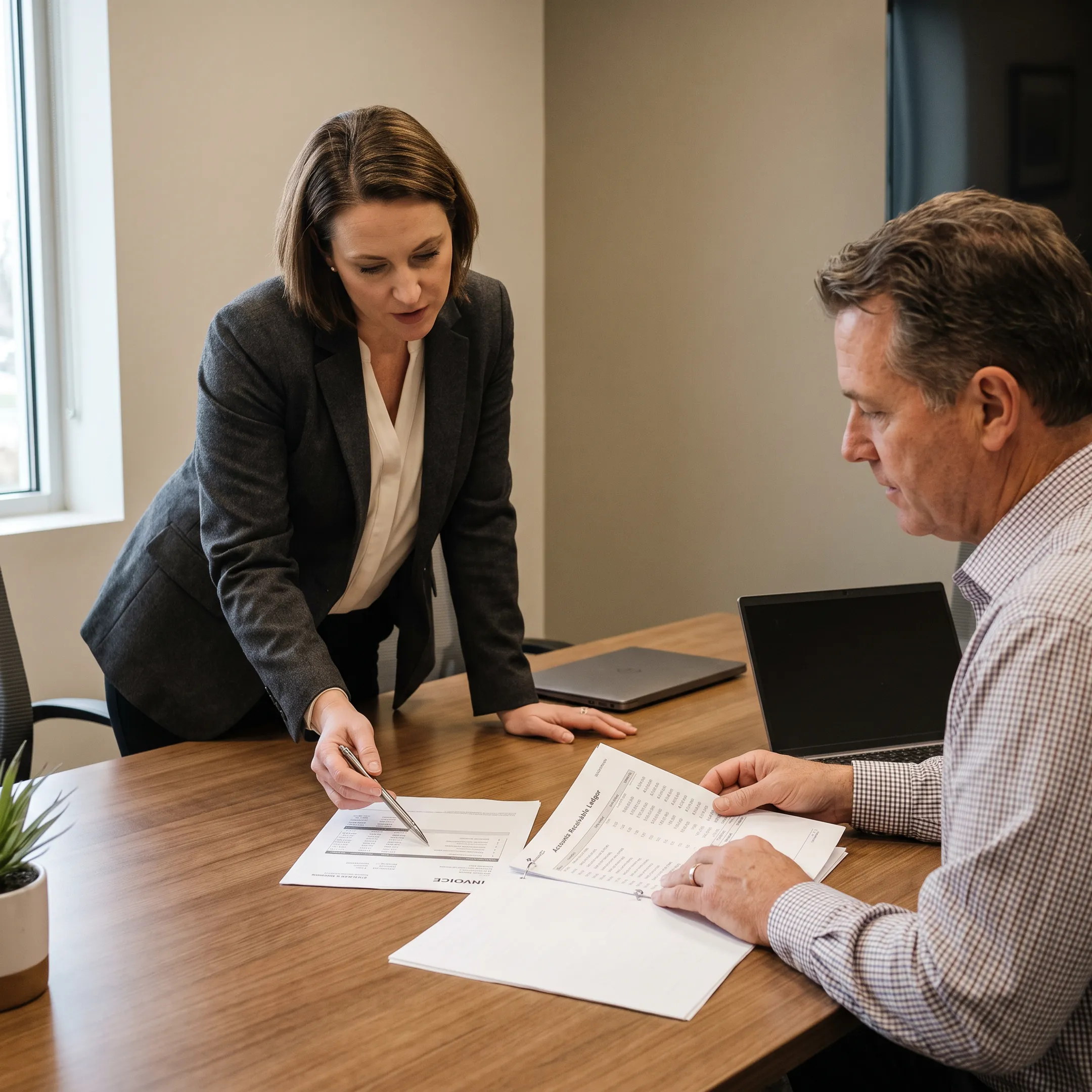 Financial advisor explaining invoice factoring to a business owner