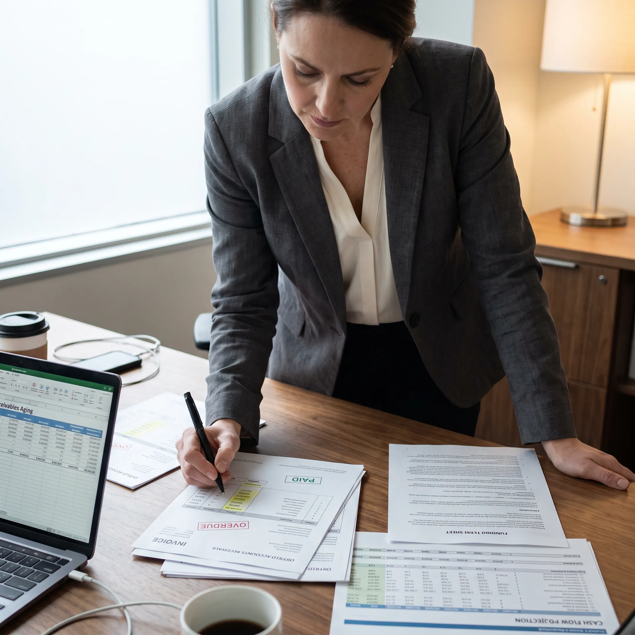 Oilfield finance professional reviewing accounts receivable and funding documents