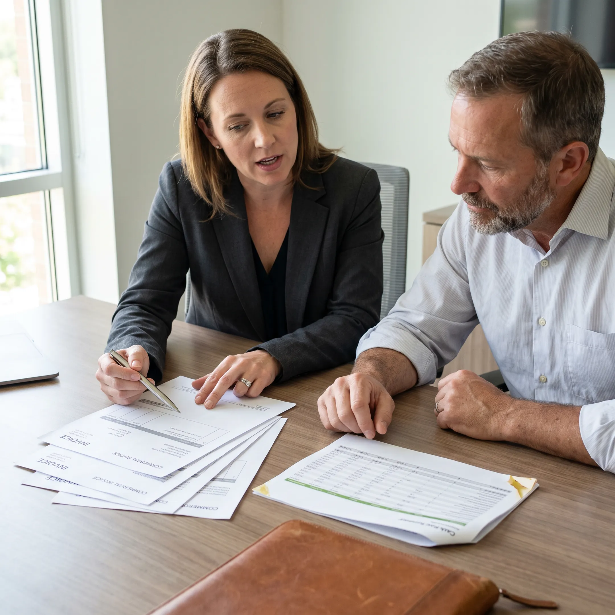 Financial professional discussing invoice factoring documents with a business owner