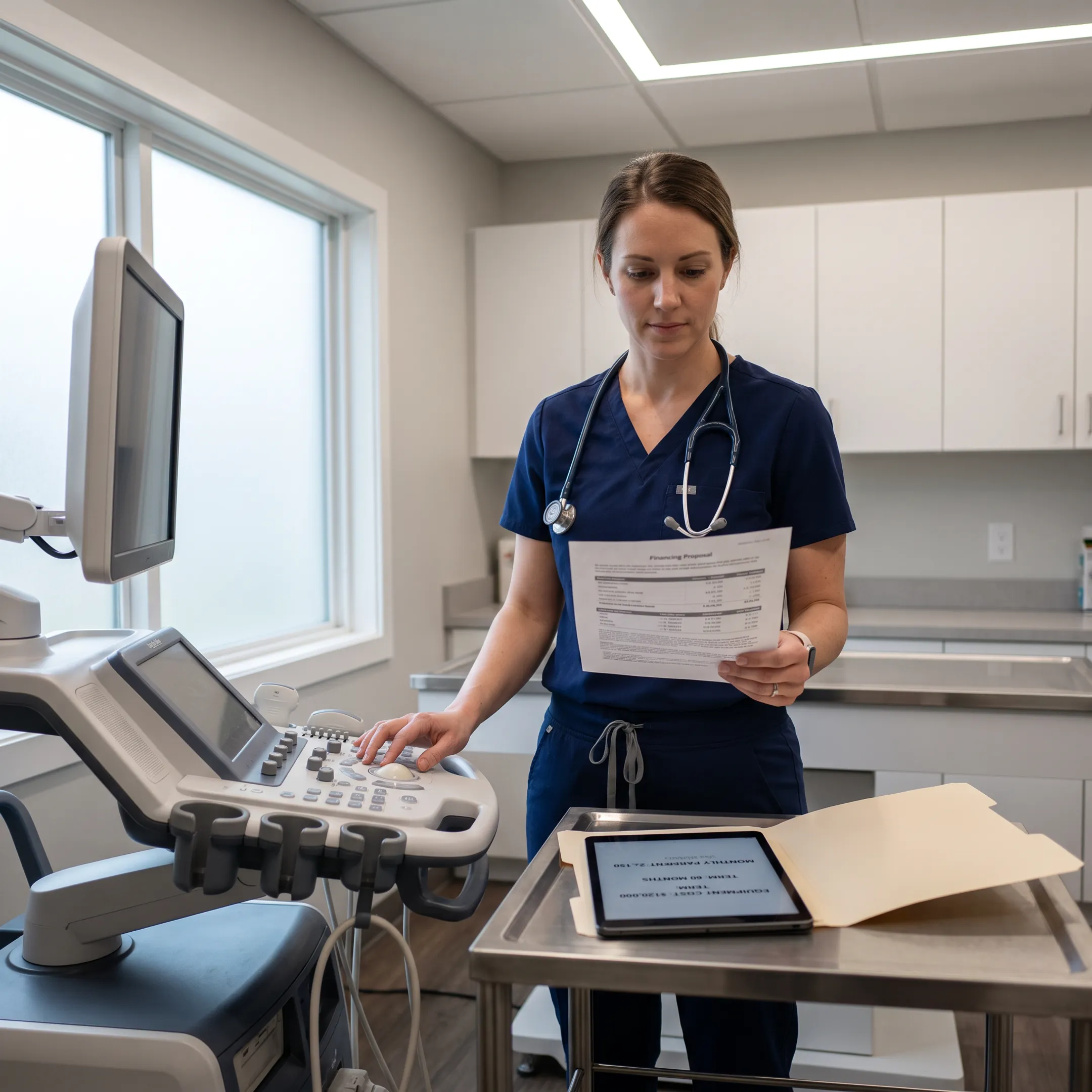 Veterinary professional evaluating equipment for a practice