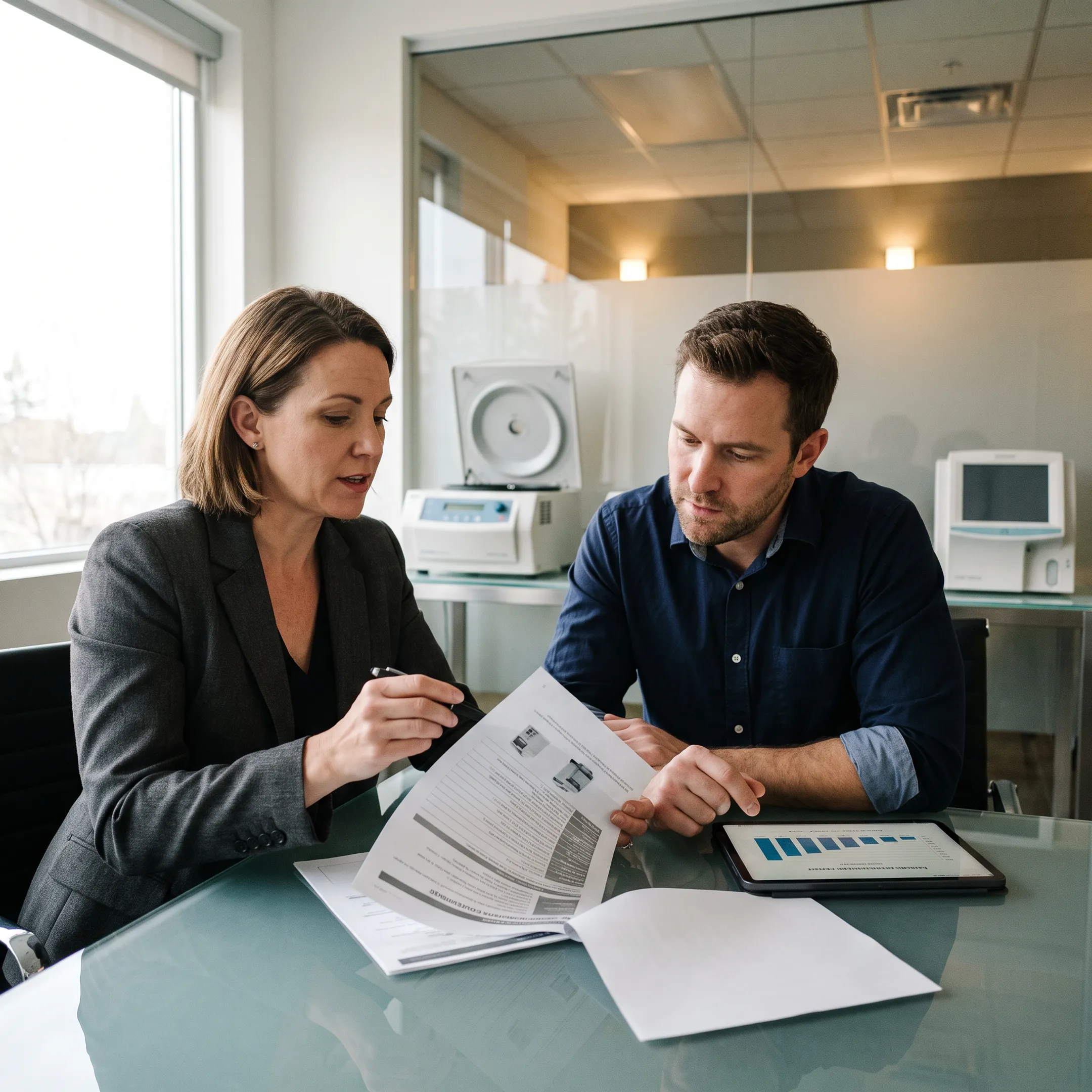 Business owner reviewing laboratory equipment financing
