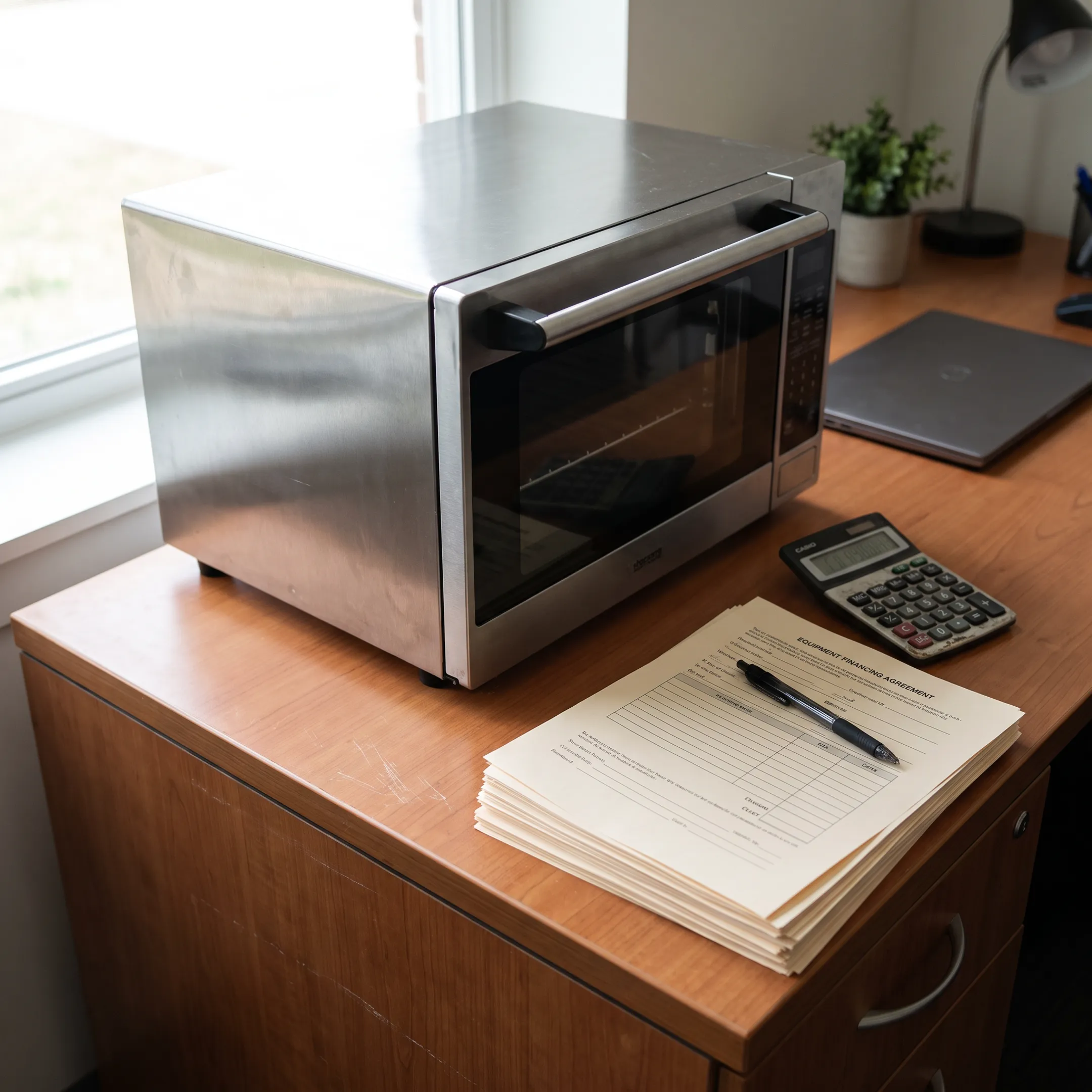 Commercial equipment with financing documents on a desk