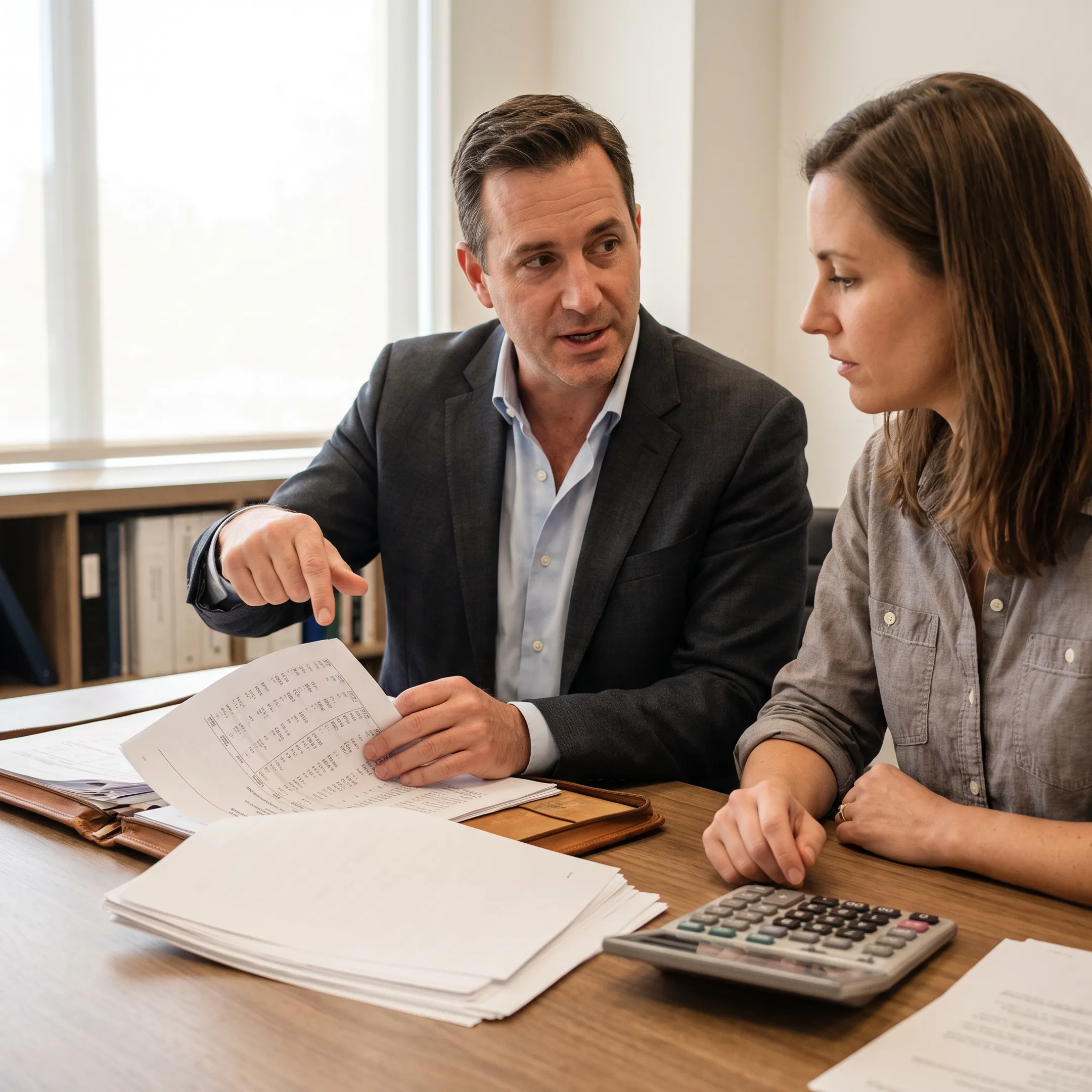 Business funding consultation with documents and calculator