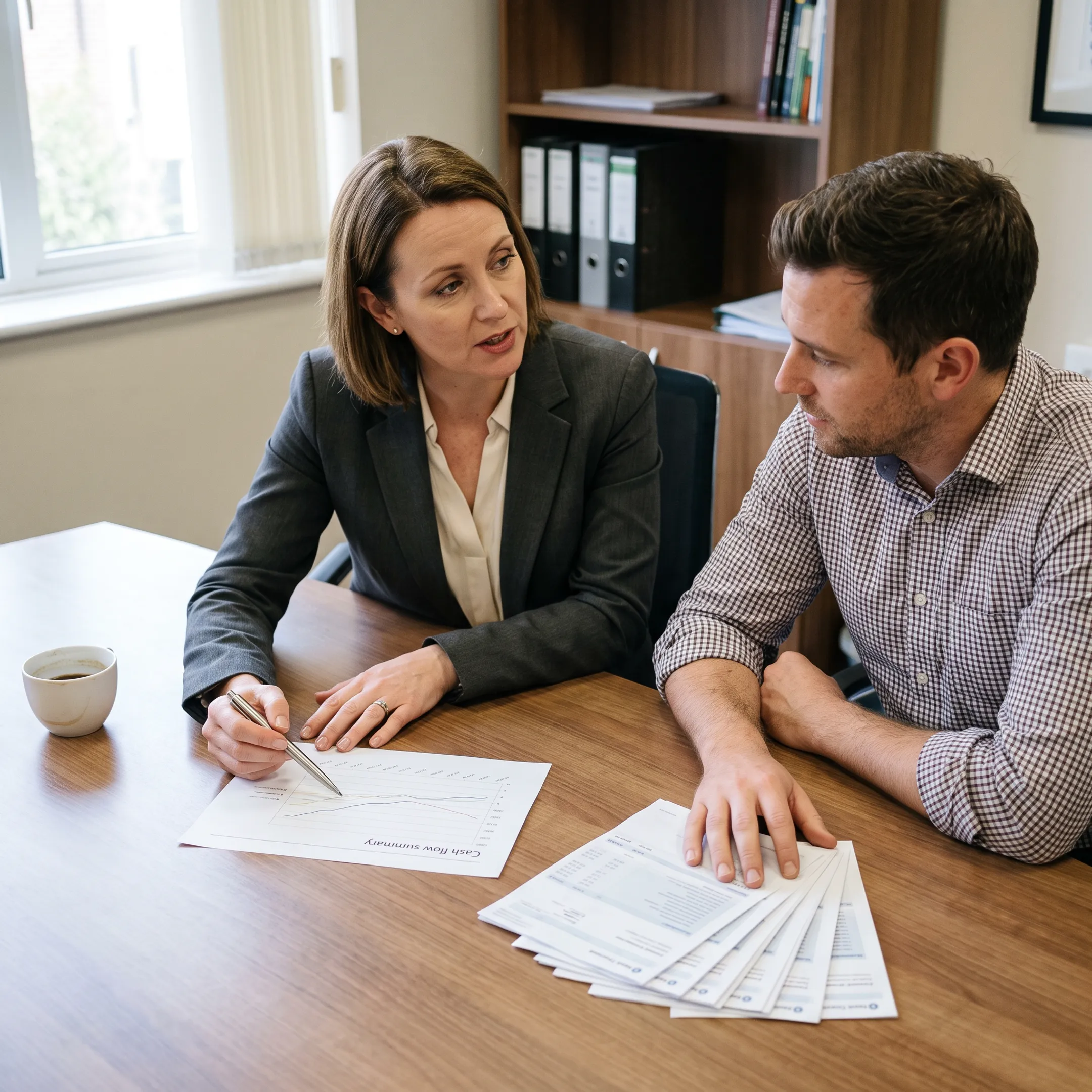 Advisor explaining business financing choices to an entrepreneur