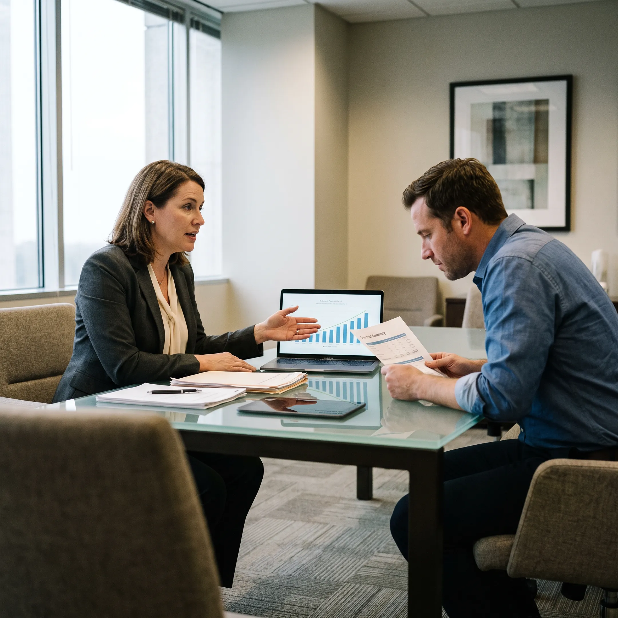 Advisor explaining flexible business credit options to an entrepreneur
