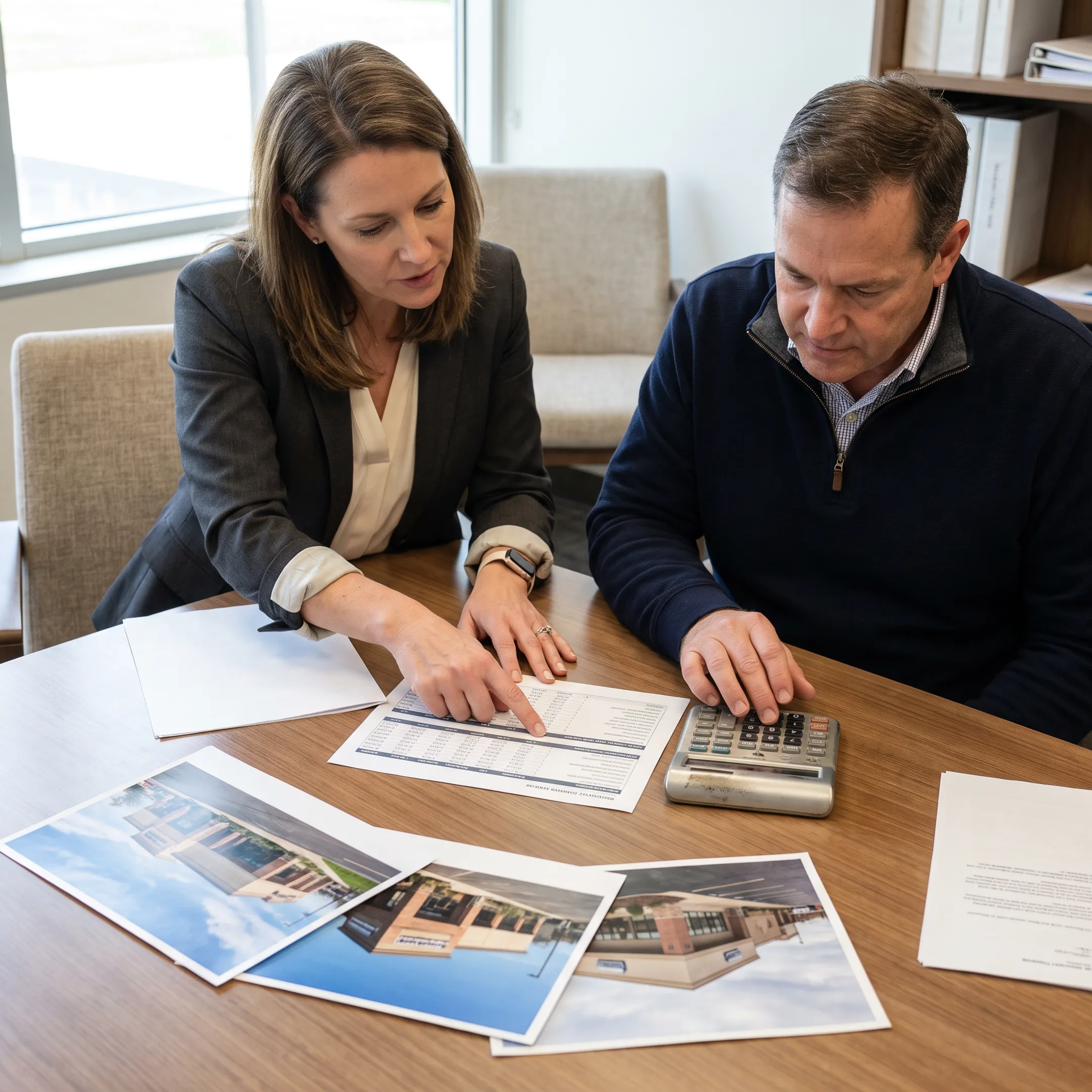 Real estate company owner discussing revolving business funding