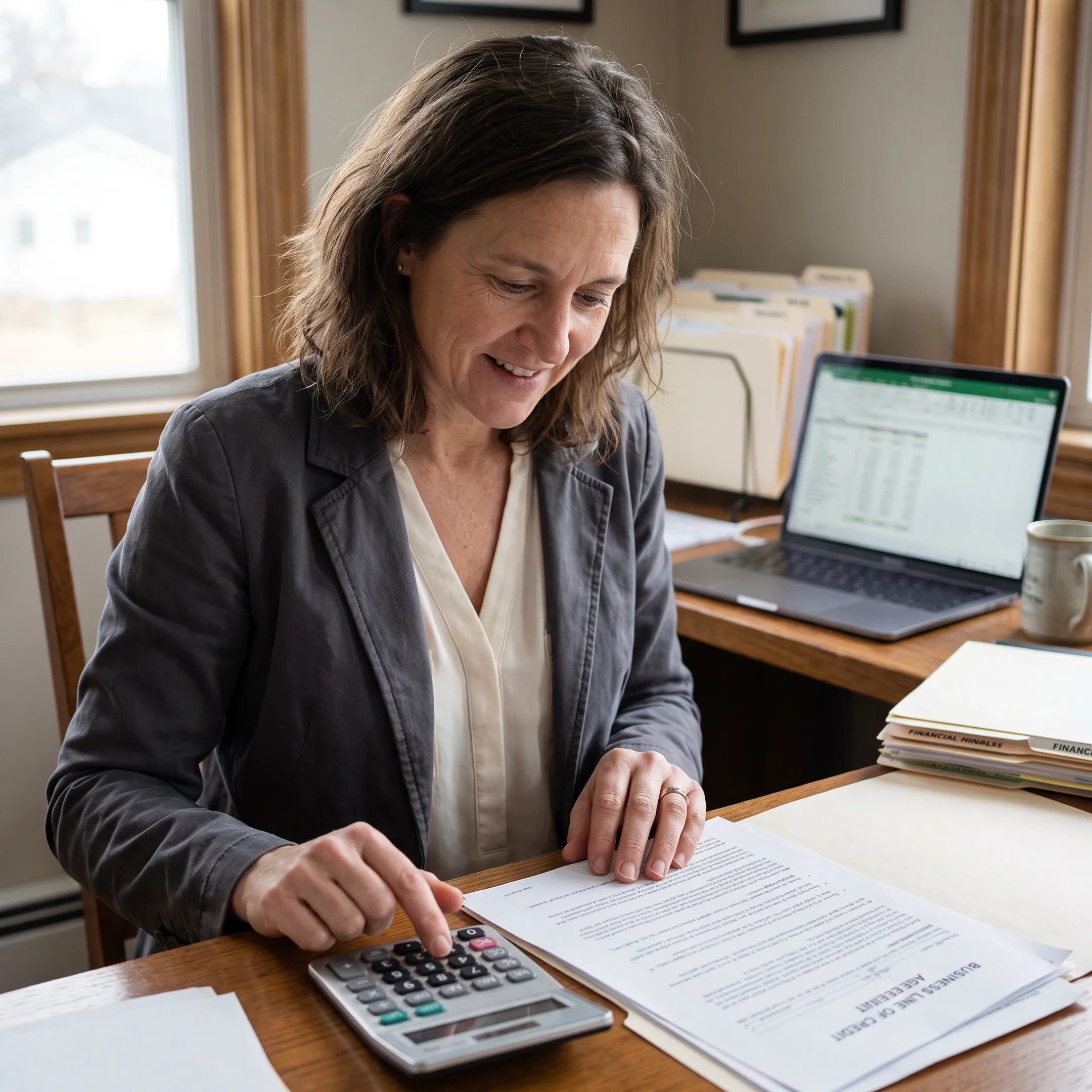 Business owner planning cash flow with revolving credit documents