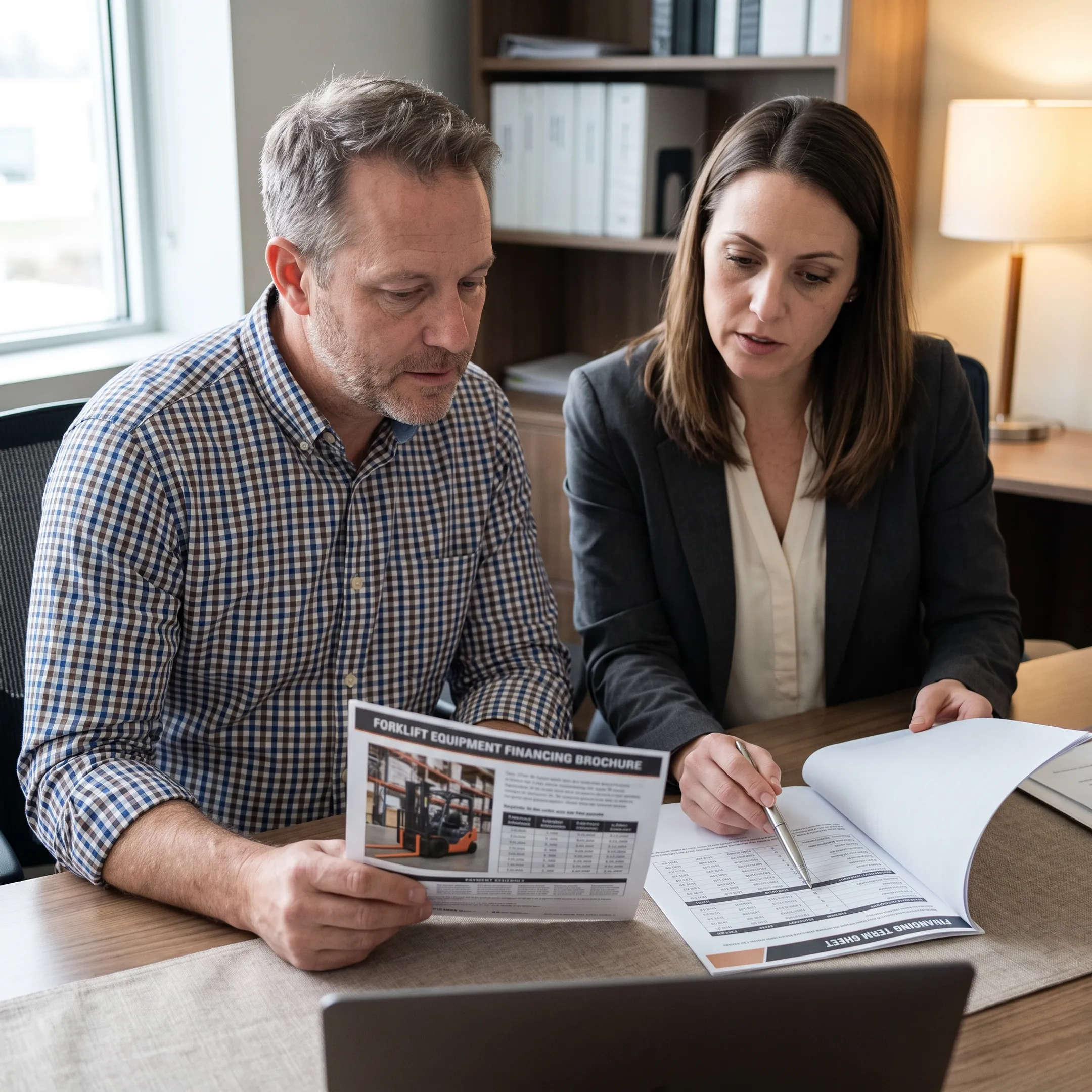 Forklift financing consultation at a business office