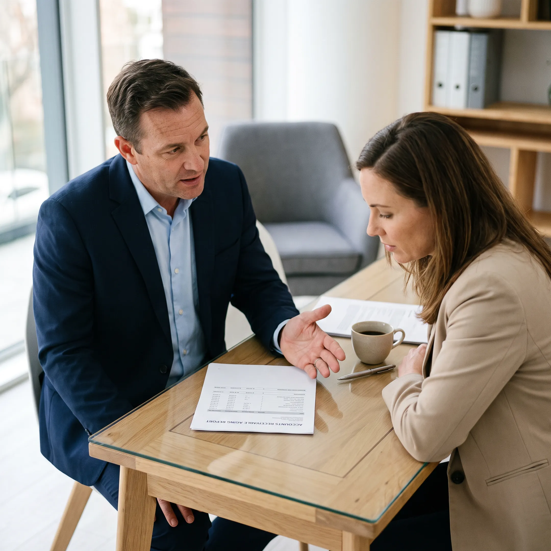 Advisor explaining invoice factoring to a California business owner