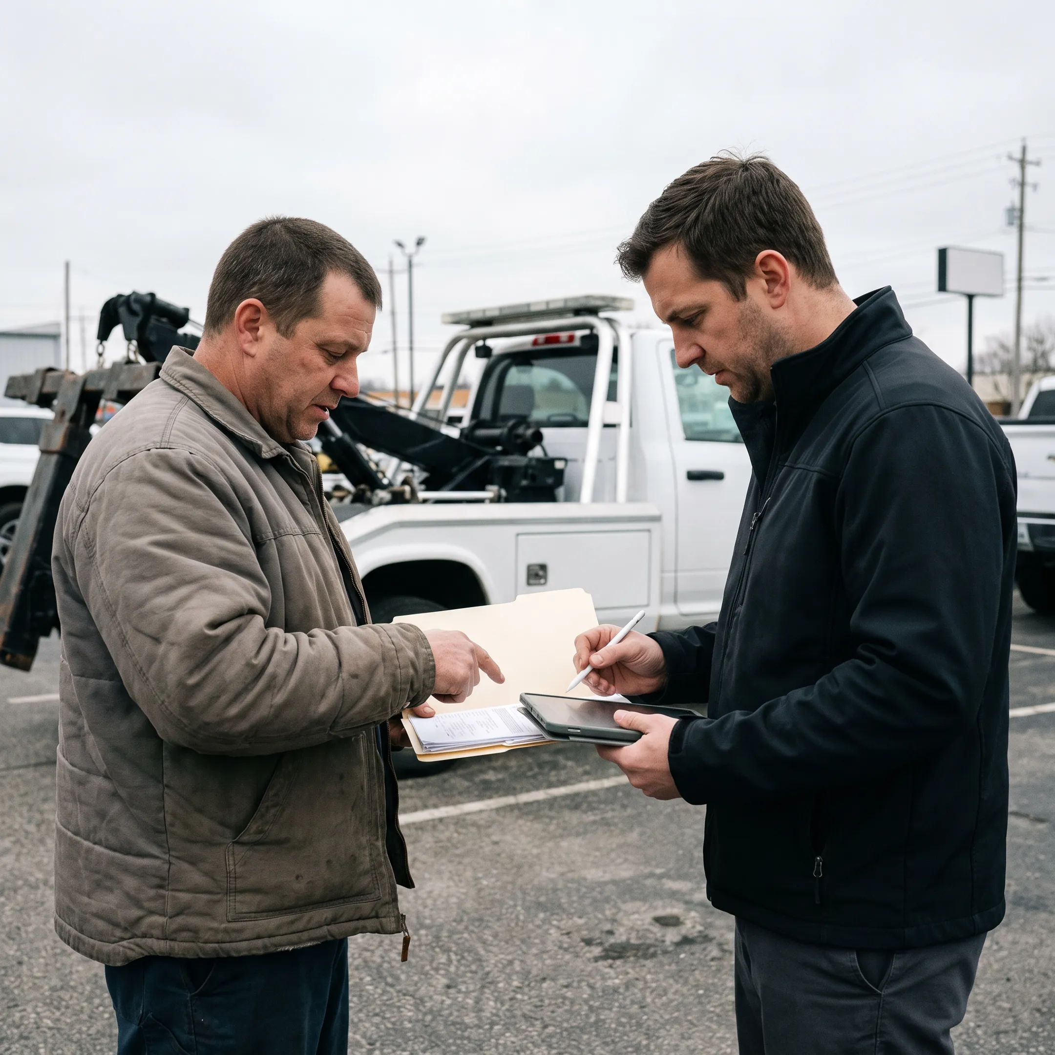 Business owner reviewing tow truck financing options