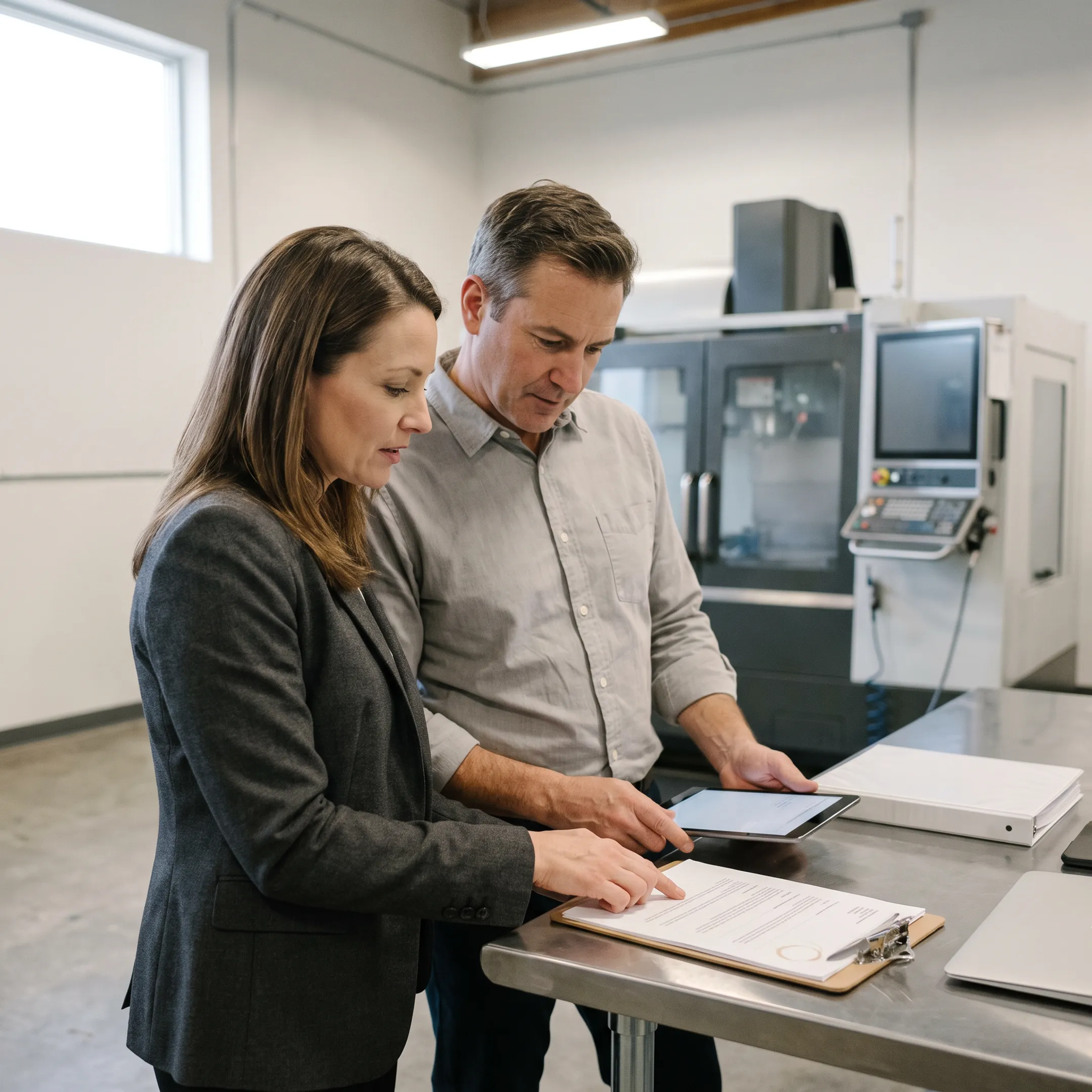 Business owner reviewing CNC equipment financing documents