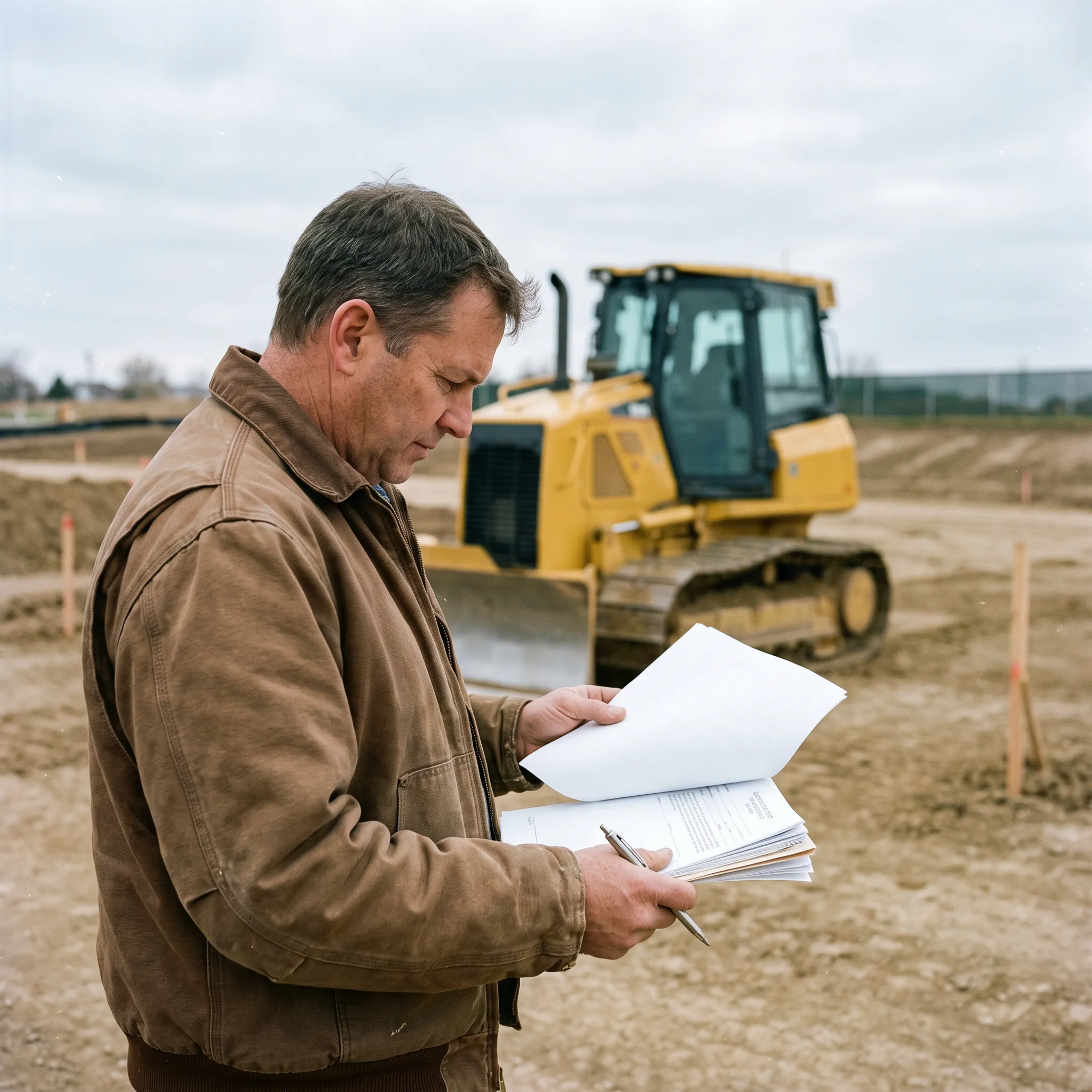 Business owner reviewing bulldozer financing documents