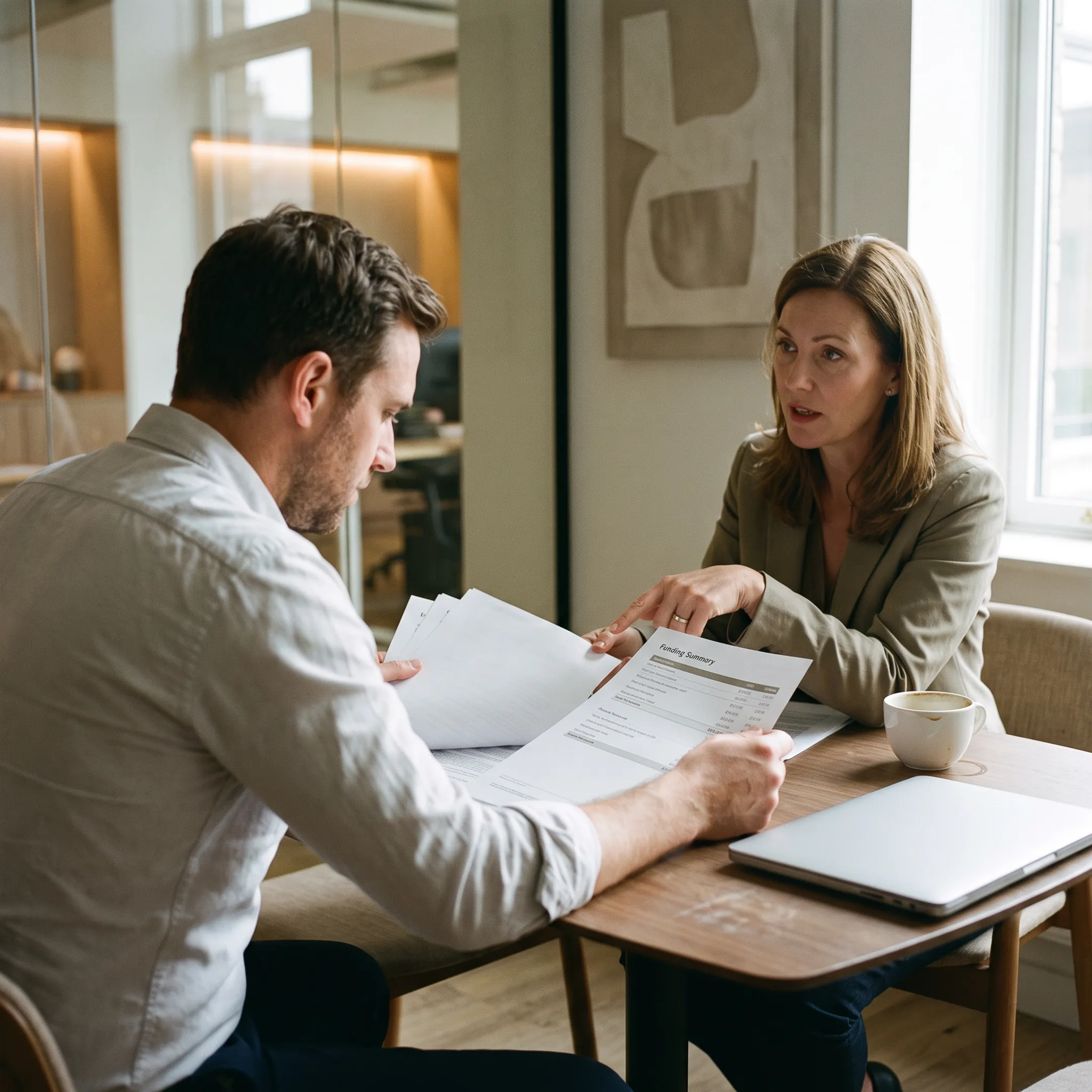 Advisor explaining revolving business credit options to an entrepreneur