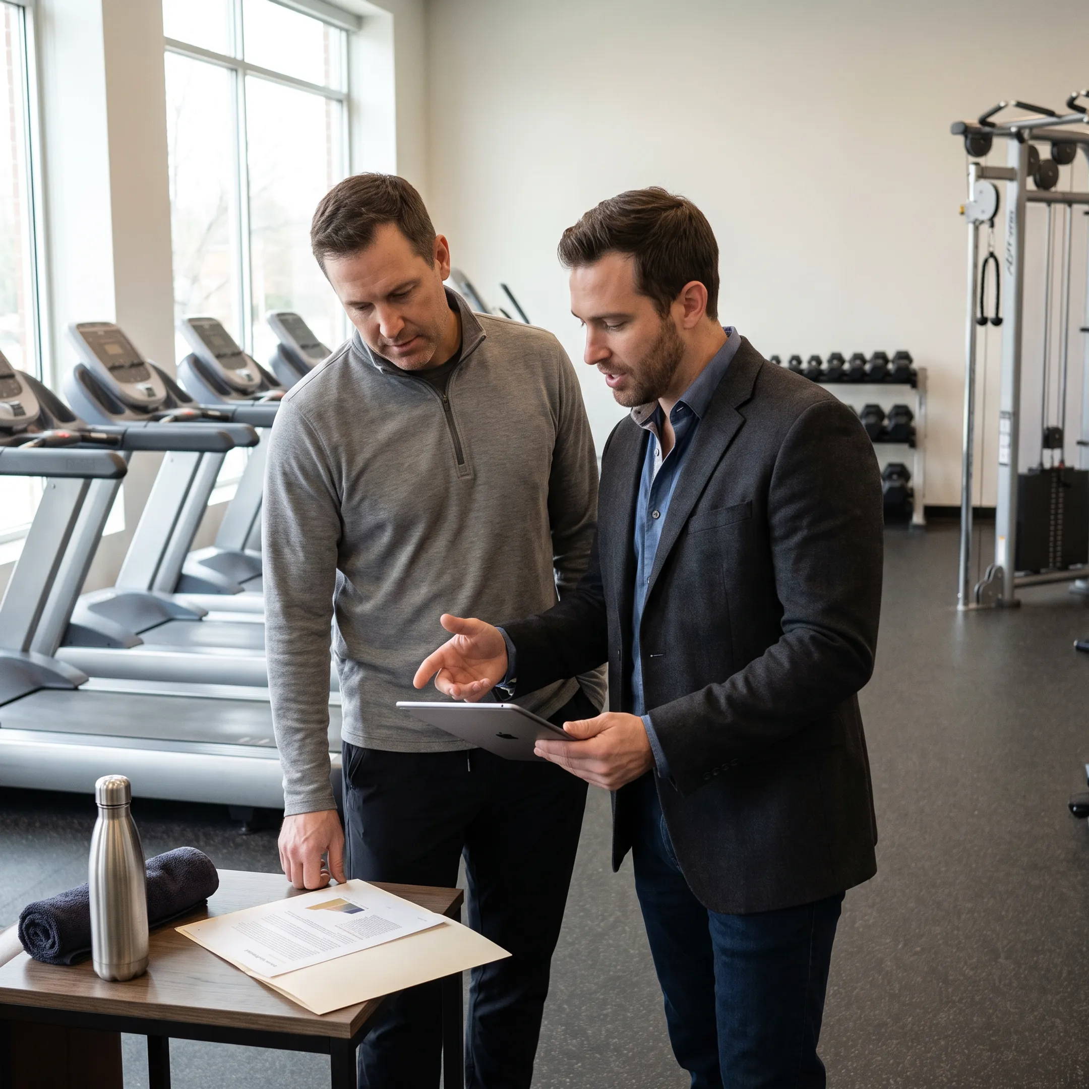 Commercial gym owner discussing equipment funding with a financial advisor