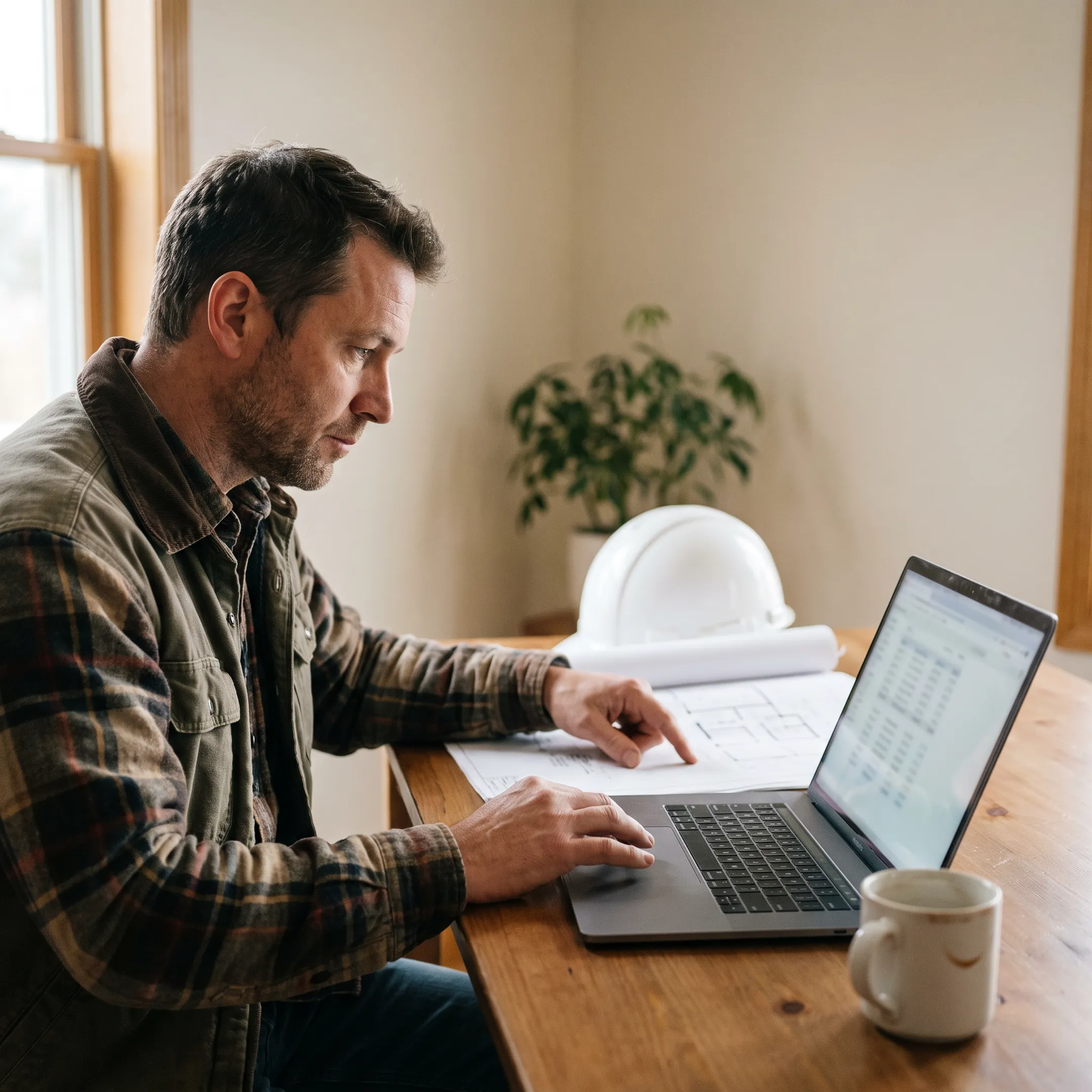 Construction business owner evaluating equipment financing