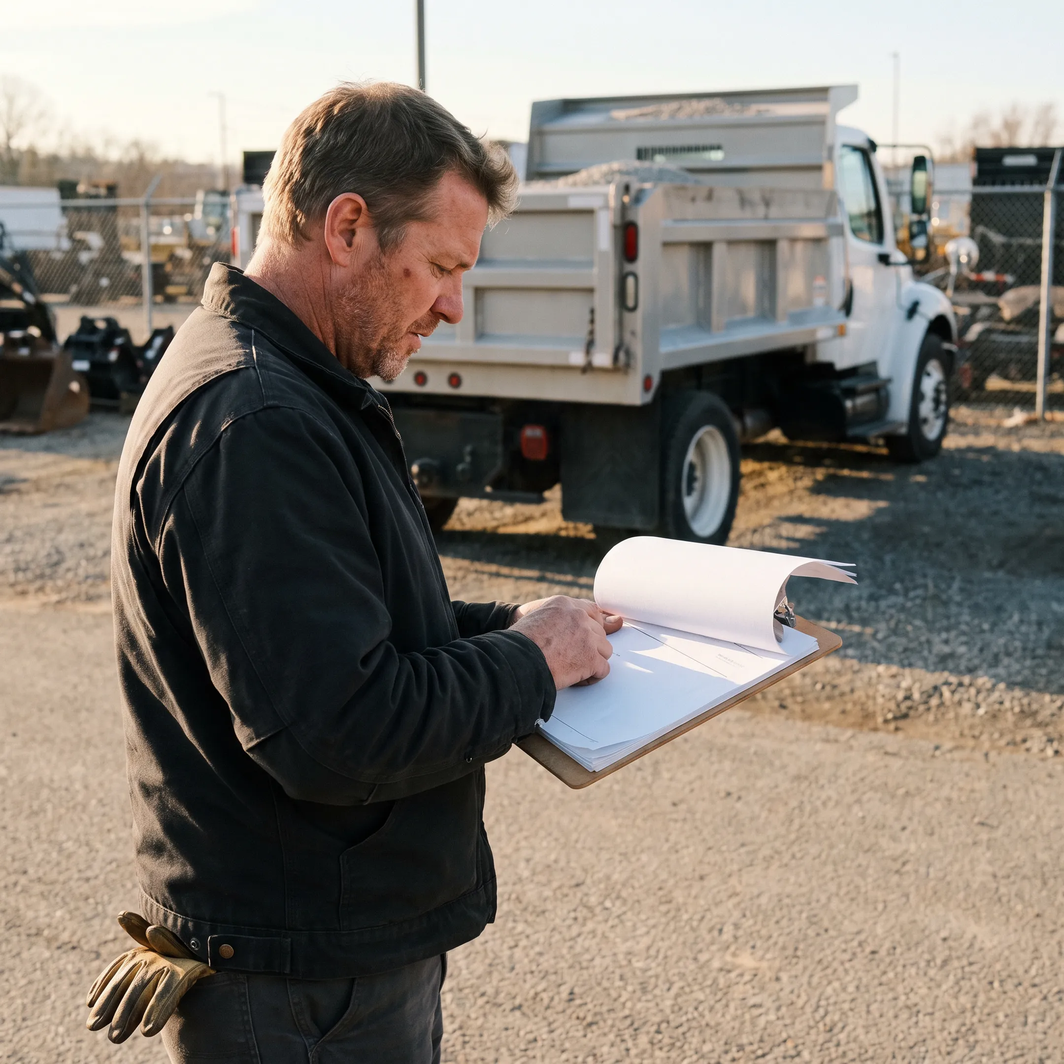 Business owner reviewing dump truck financing