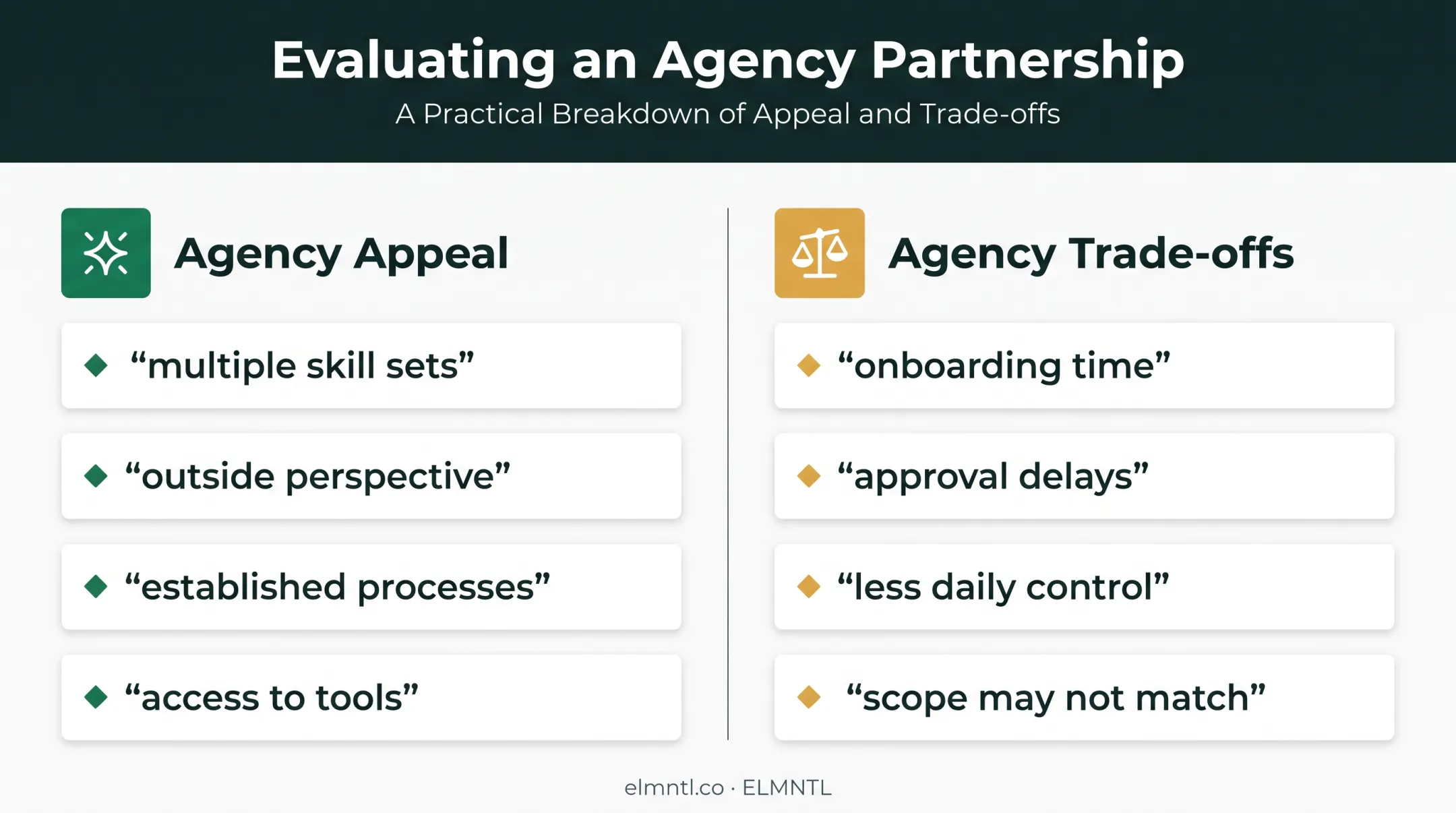 Marketing agency benefits and trade-offs comparison infographic