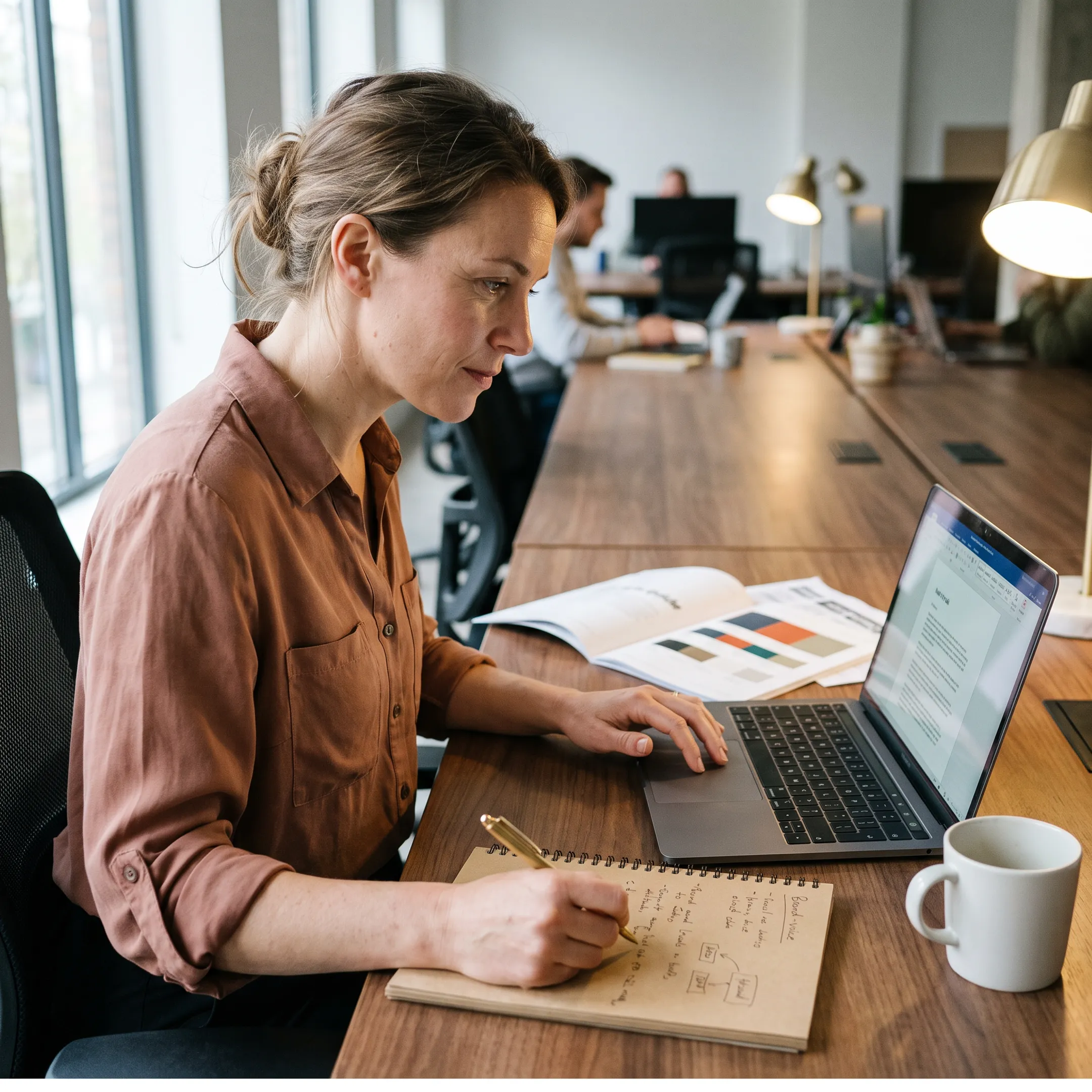 Copywriter developing website messaging on a laptop