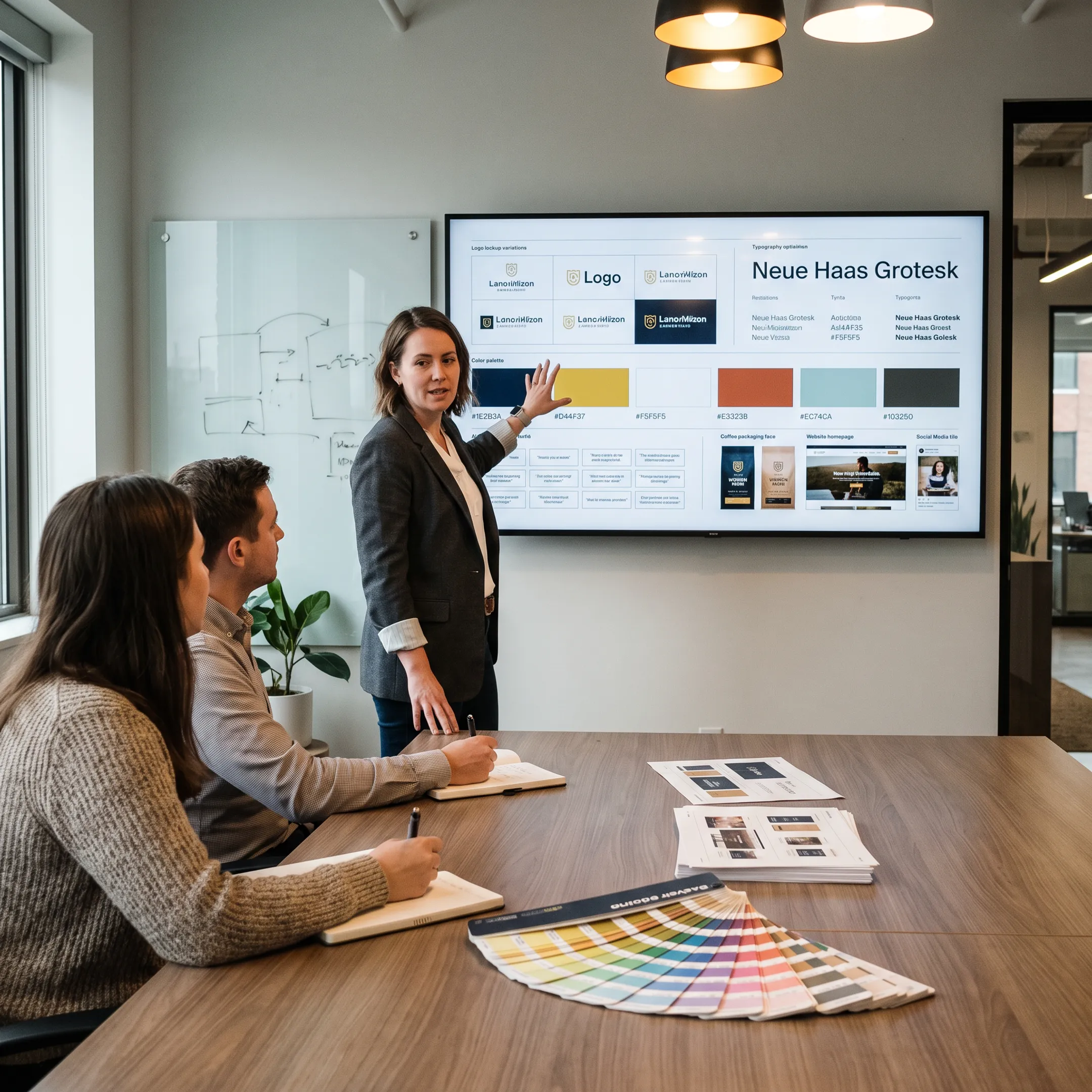 Brand strategist presenting a retail identity system with logo, typography, and messaging examples