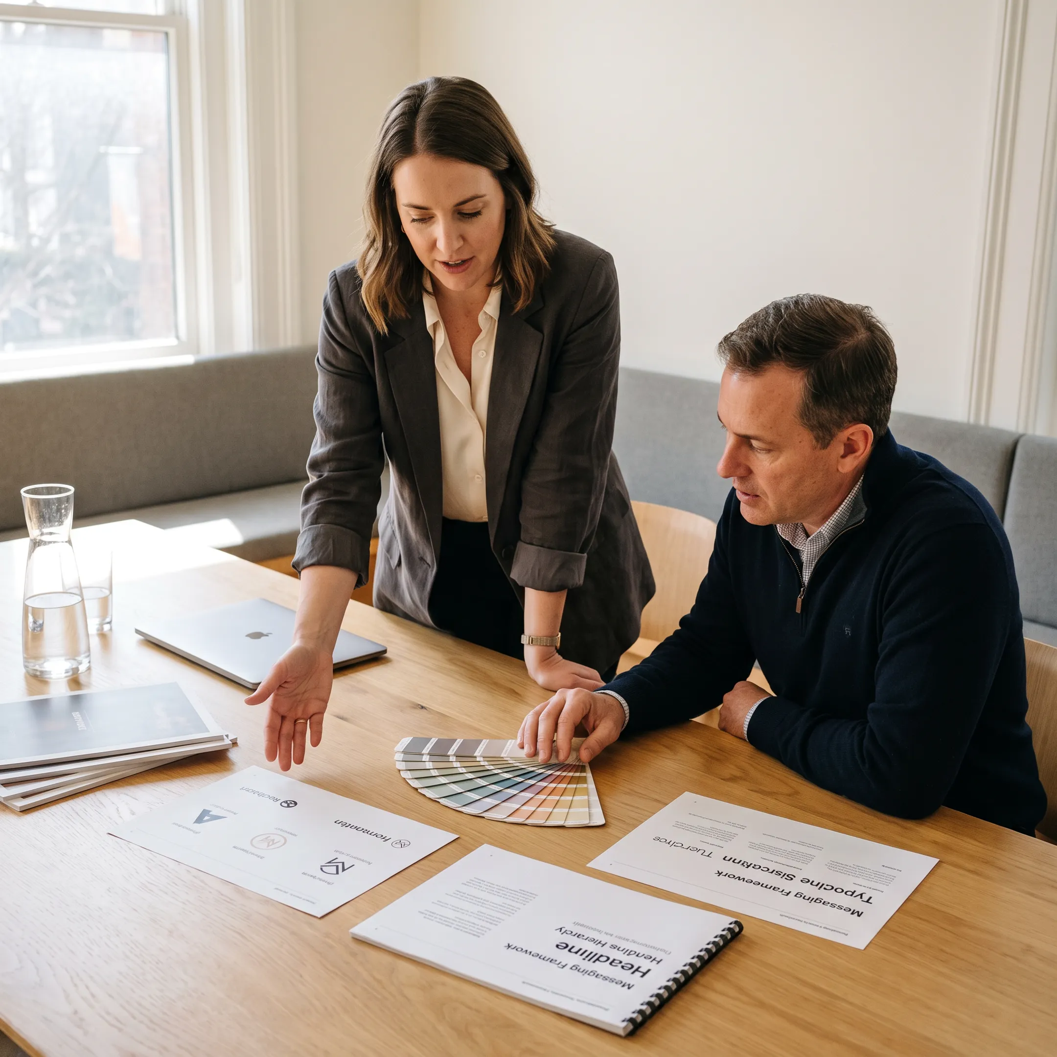 Brand strategist presenting a complete visual identity and messaging system to a small business founder