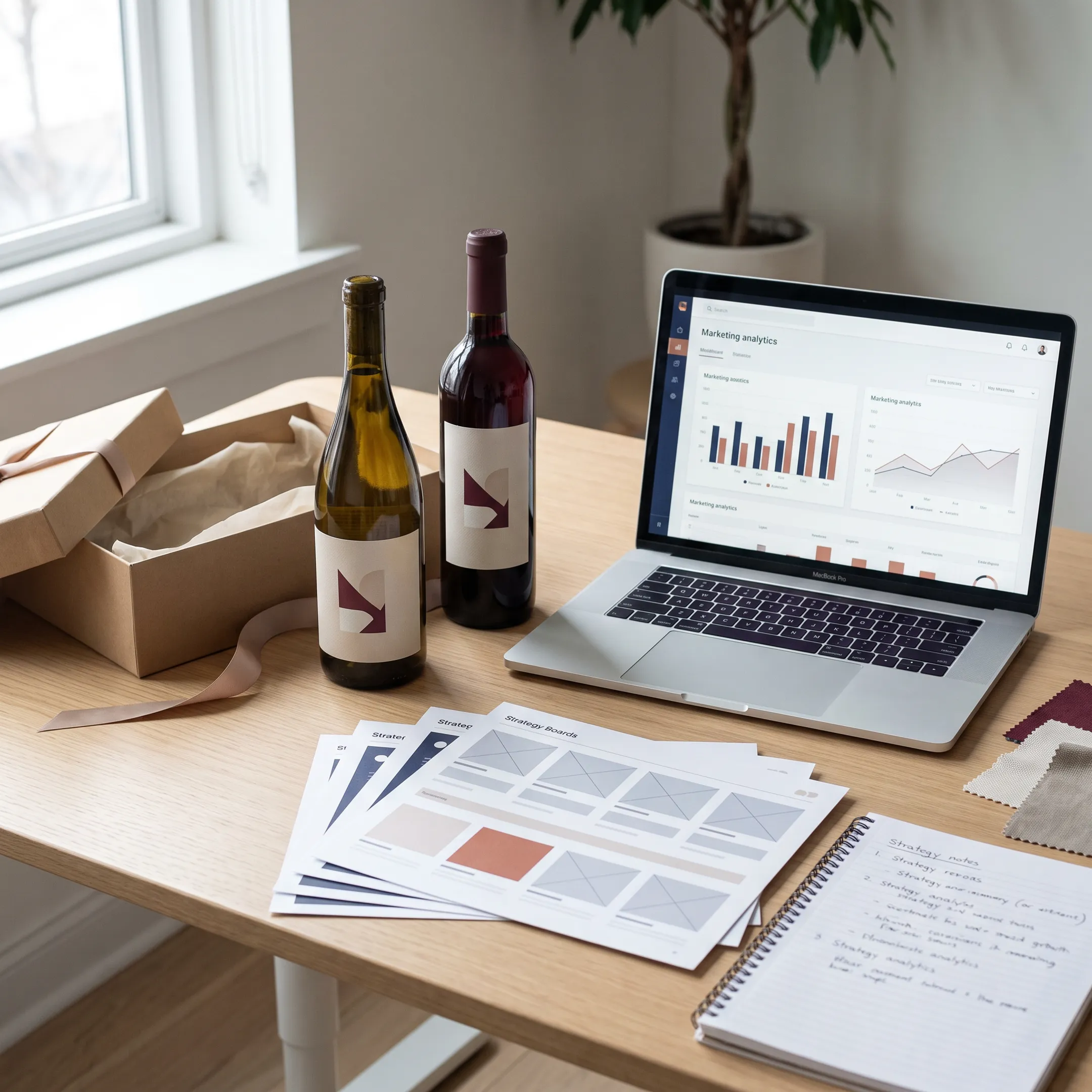 Wine bottles and brand campaign materials arranged for a digital marketing strategy session