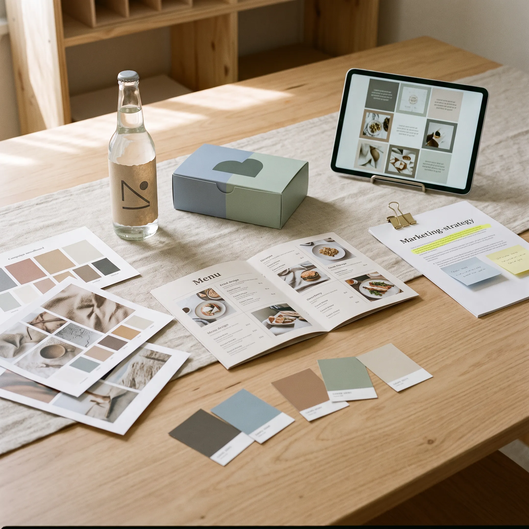 Food and beverage brand campaign assets displayed beside packaged products and a restaurant menu