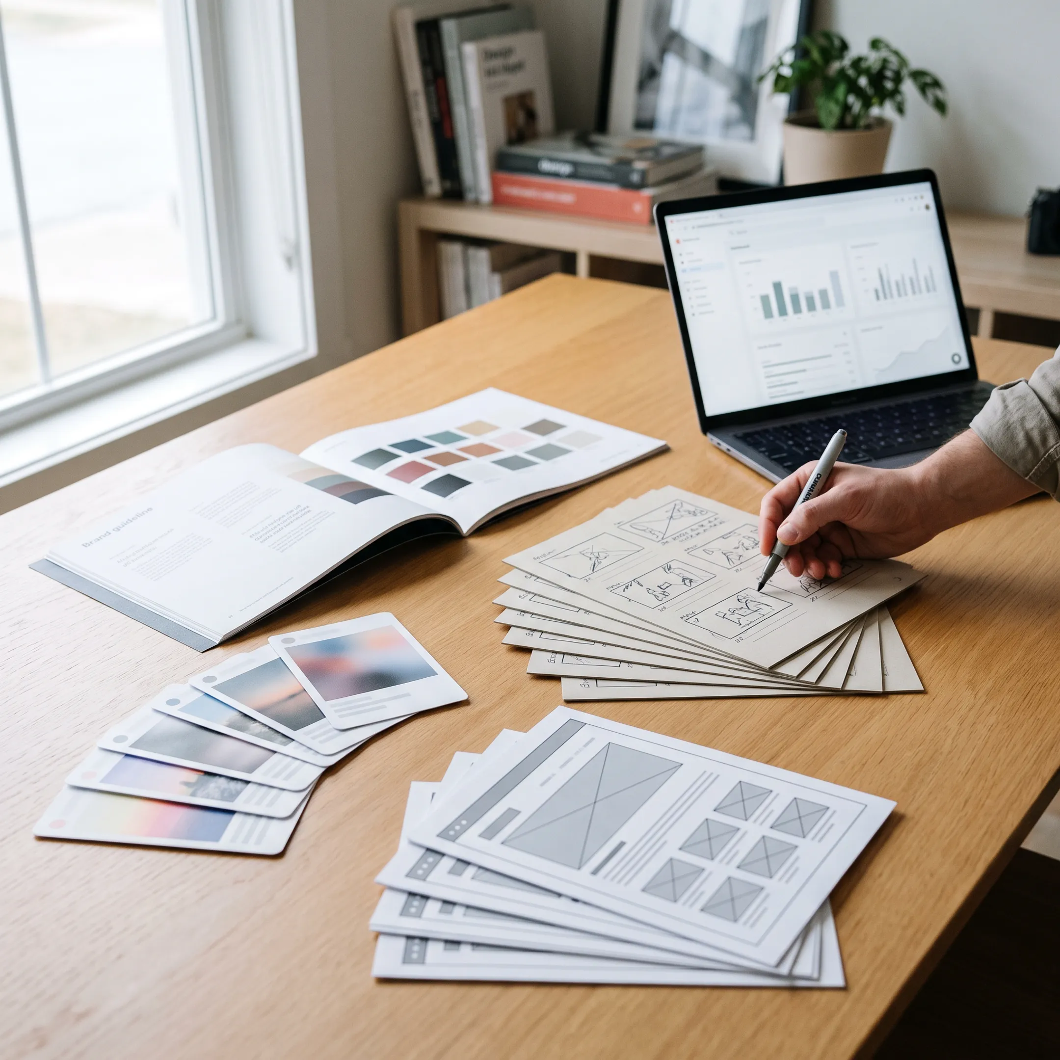 Creative campaign materials displayed alongside digital content and marketing strategy notes