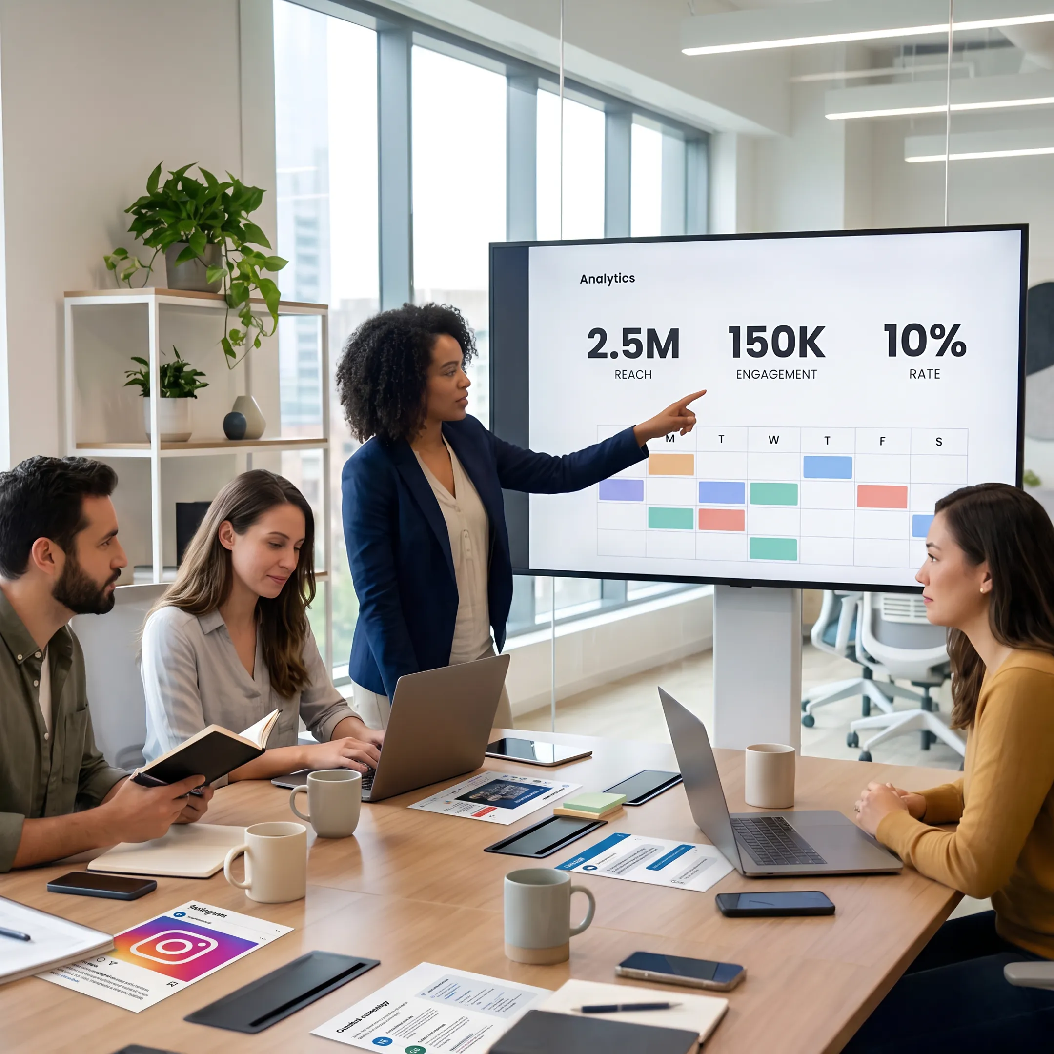 Marketing strategist reviewing social media analytics and branded content with a client