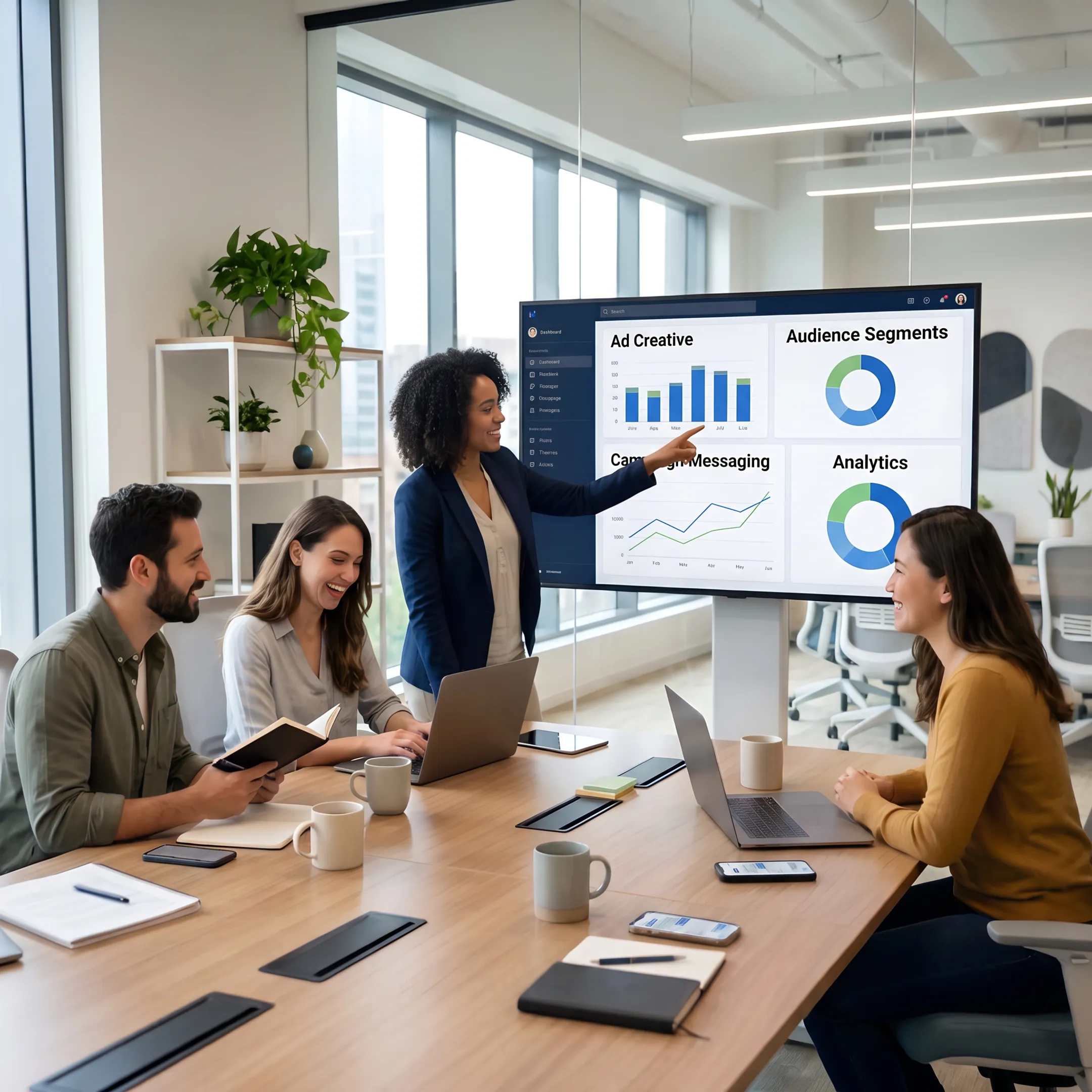 Marketing specialists planning LinkedIn advertising creative and audience strategy