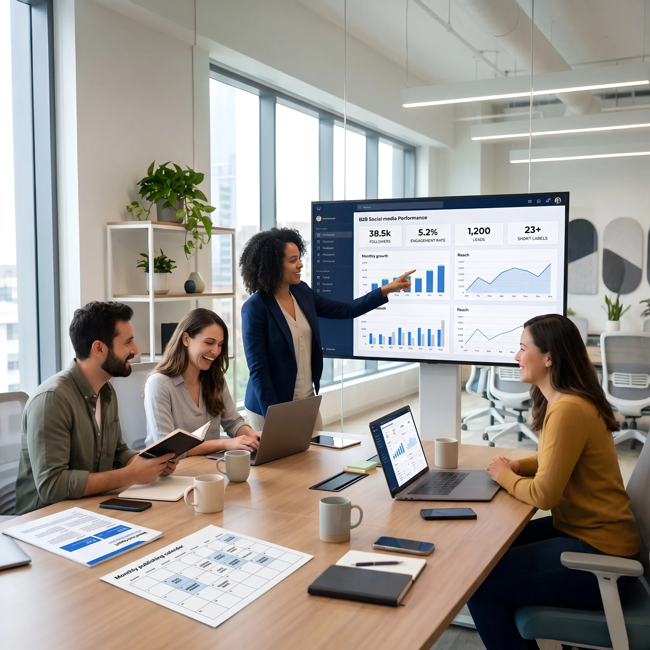Marketing strategist reviewing B2B social media analytics and content performance