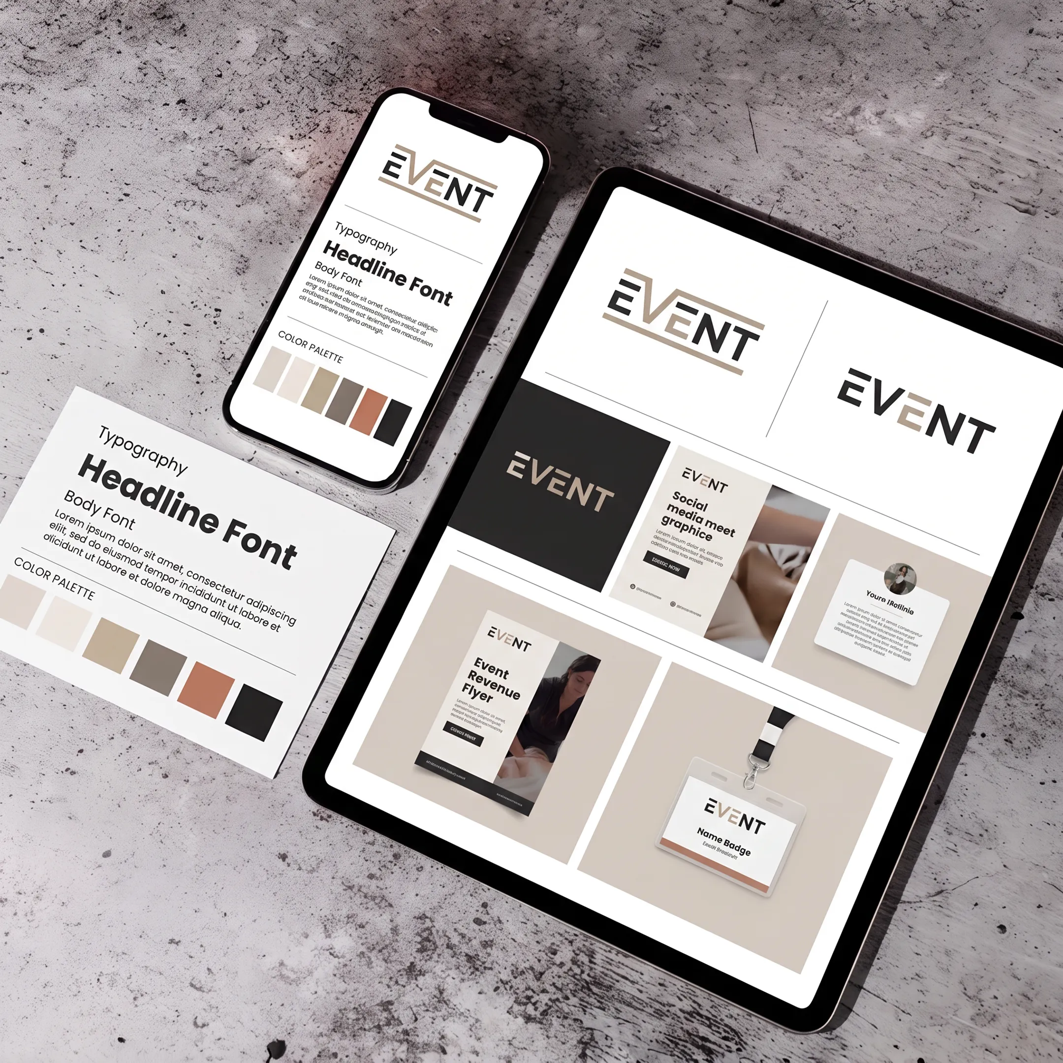 Event branding concepts displayed across digital and print marketing materials
