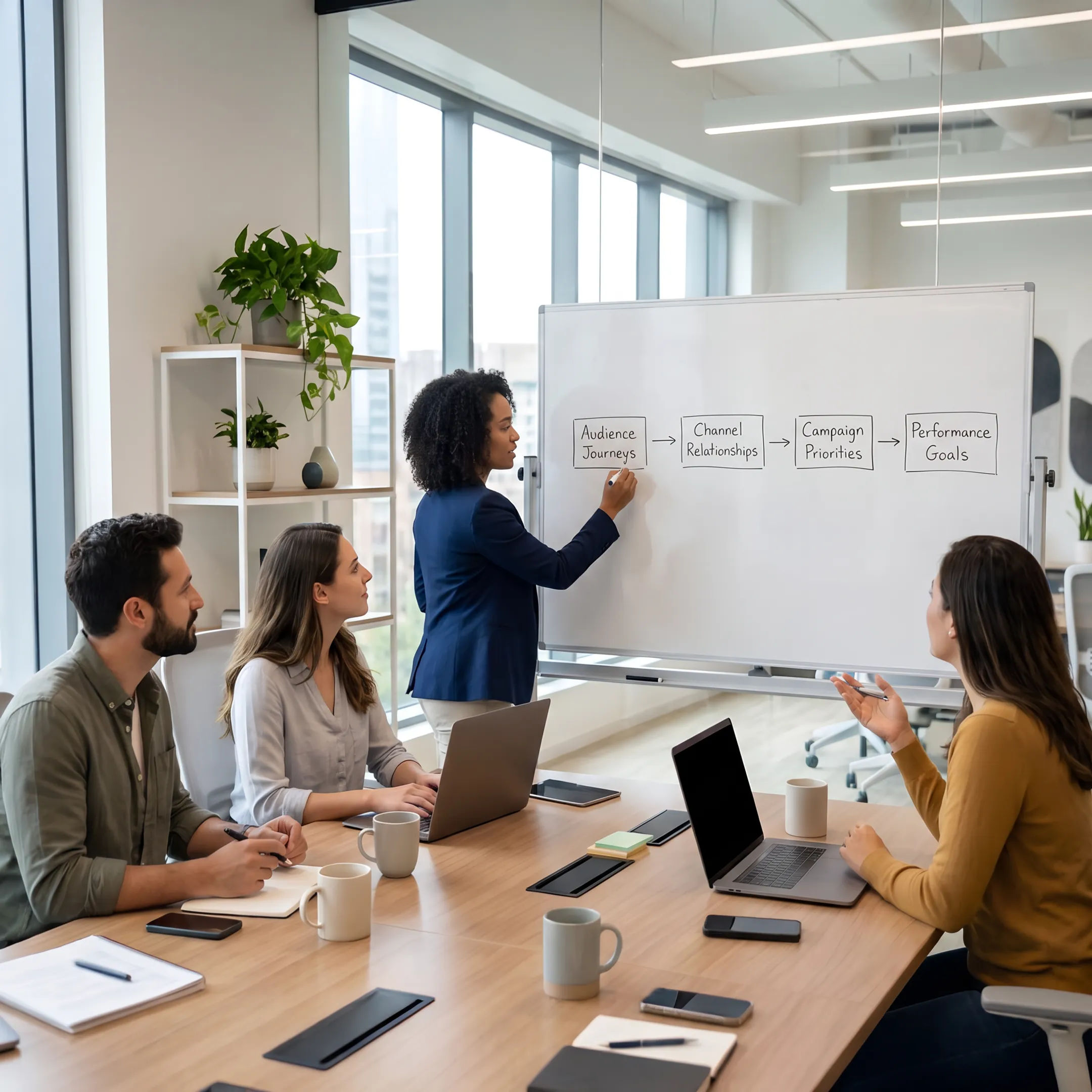 Consultants mapping marketing channels and customer journeys on a whiteboard
