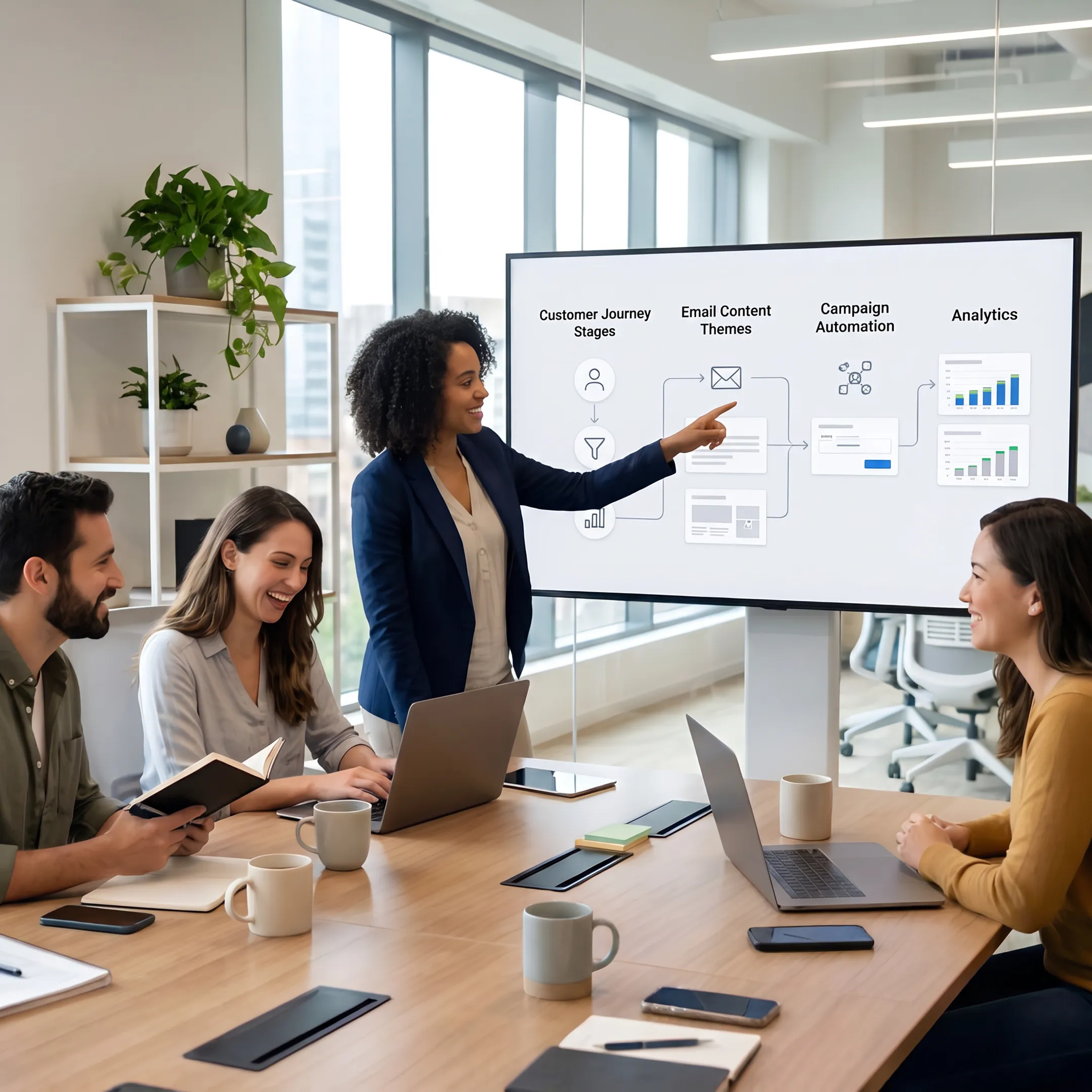 Strategists planning a coordinated B2B email nurturing campaign