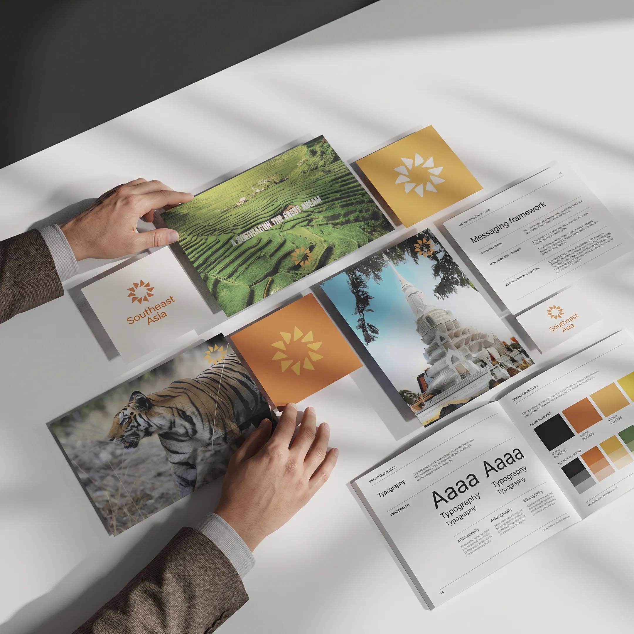 Brand strategist presenting a cohesive rebranding system with logo, typography, colors, and messaging