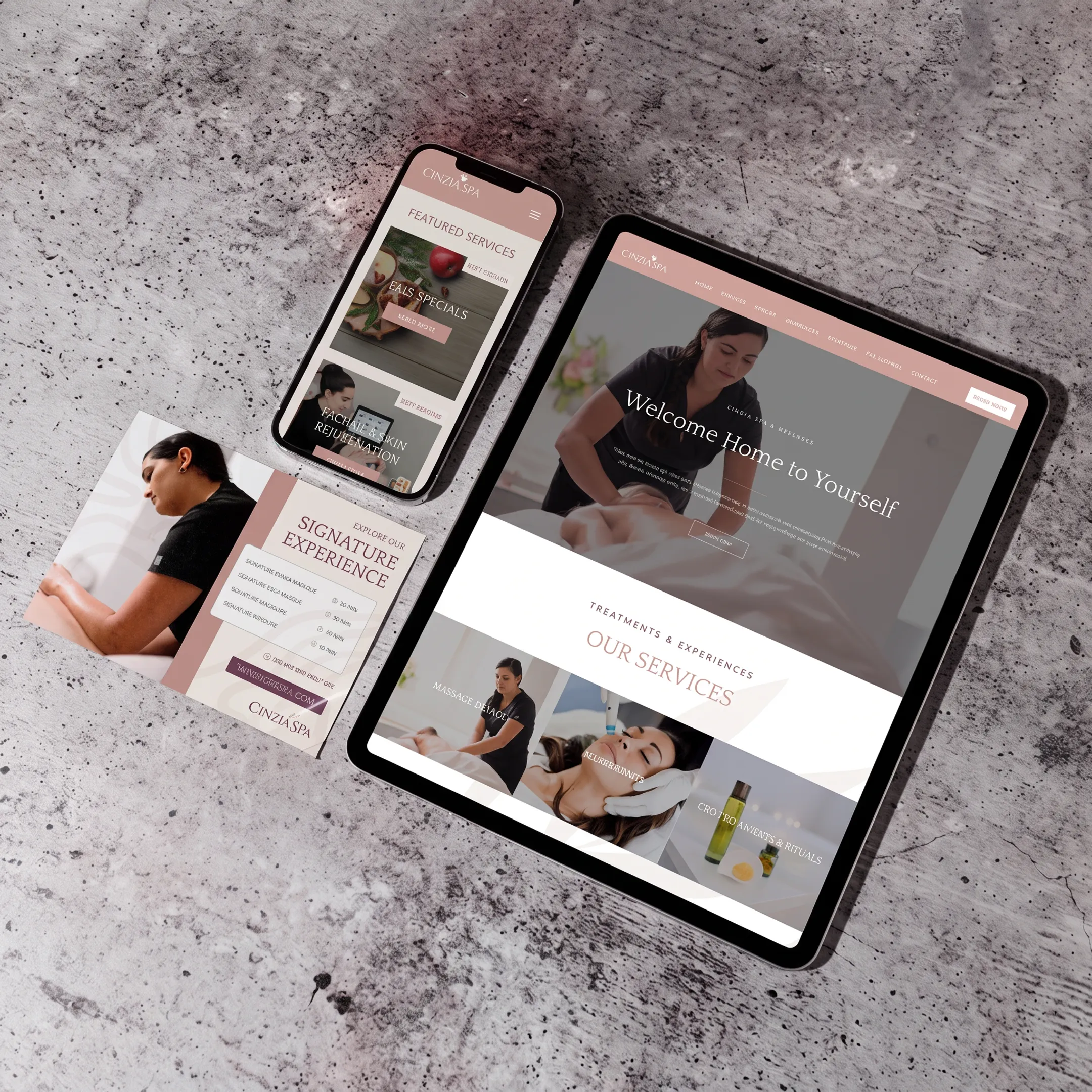 Restaurant branding presentation showing a cohesive logo, typography, colors, and messaging system