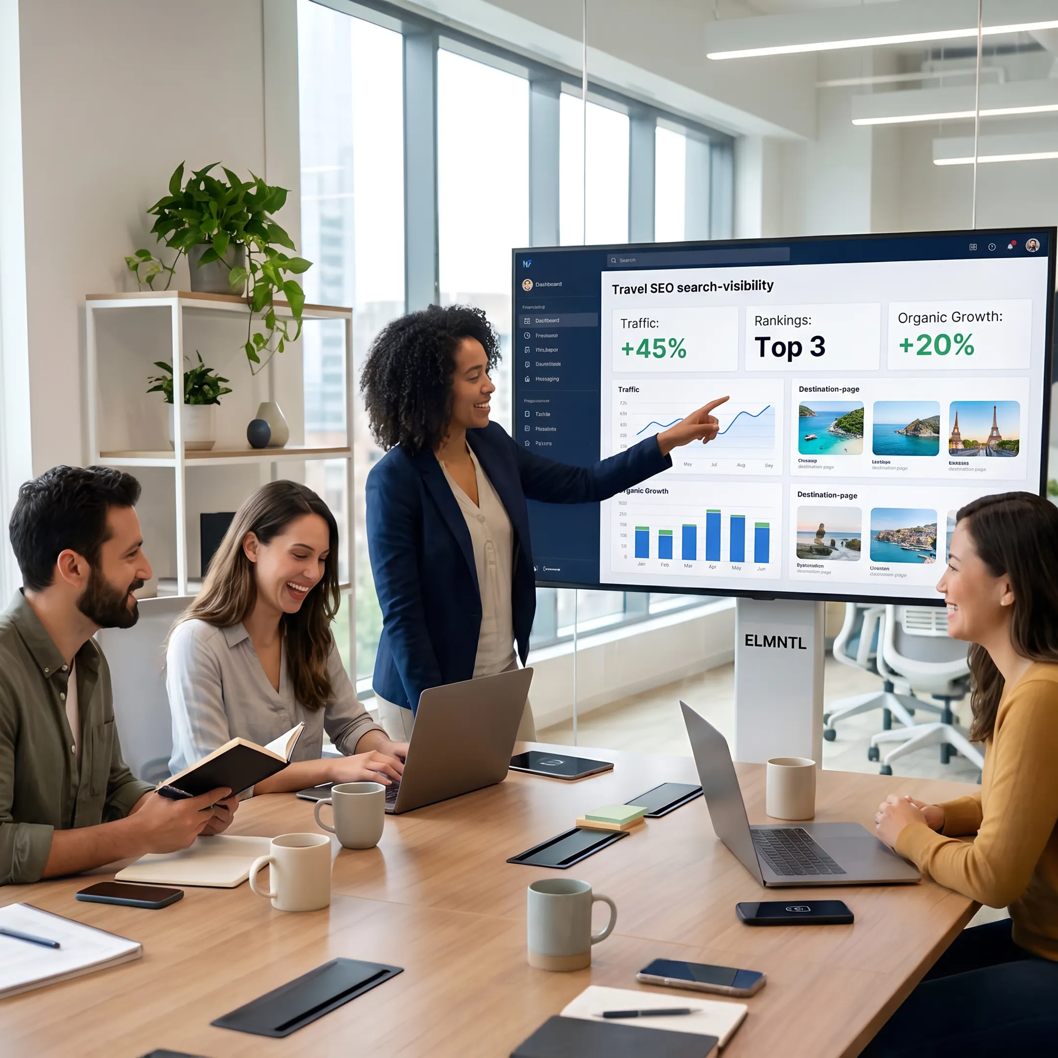 Travel SEO strategist presenting search performance insights for a tourism brand