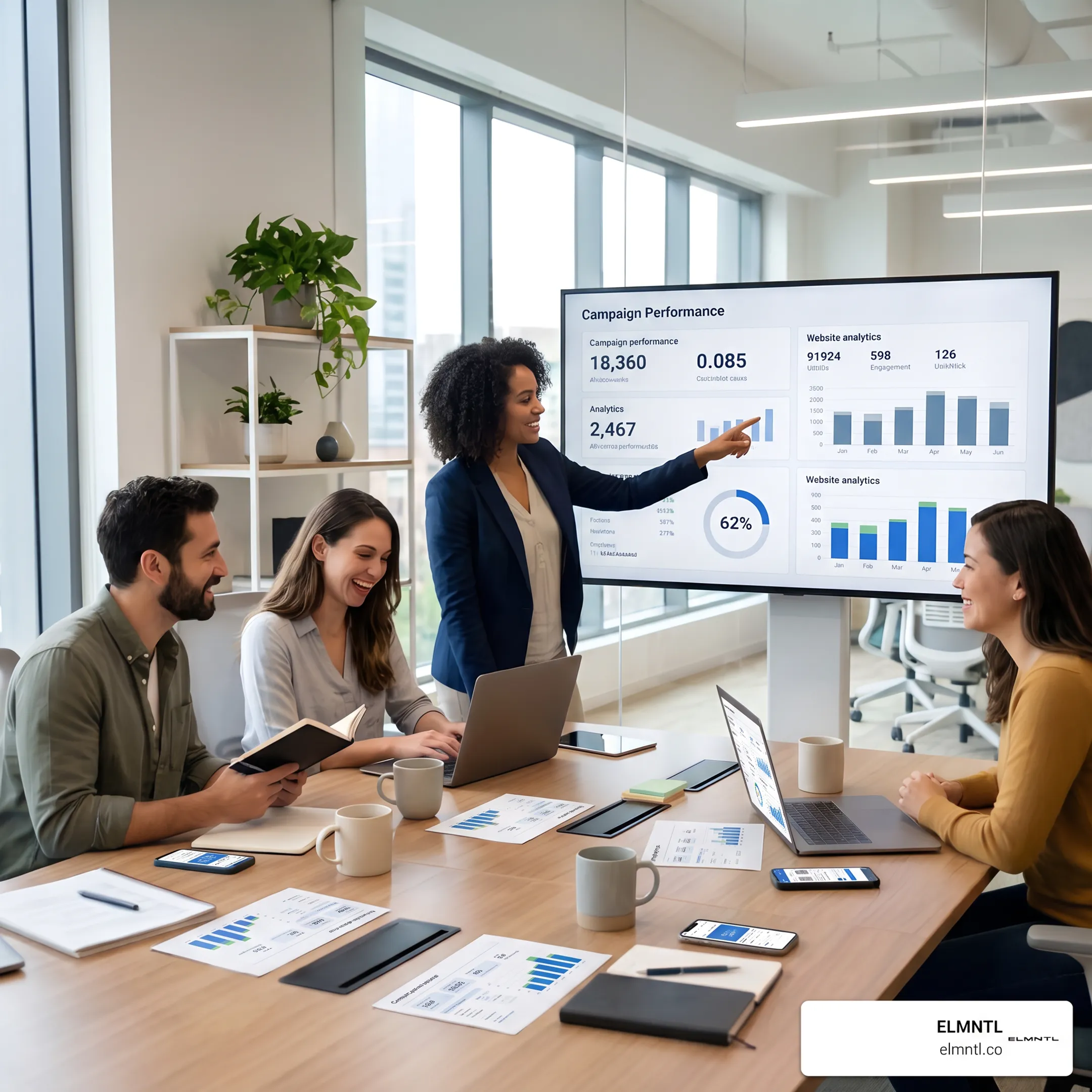 Marketing specialists reviewing campaign performance and content strategy together