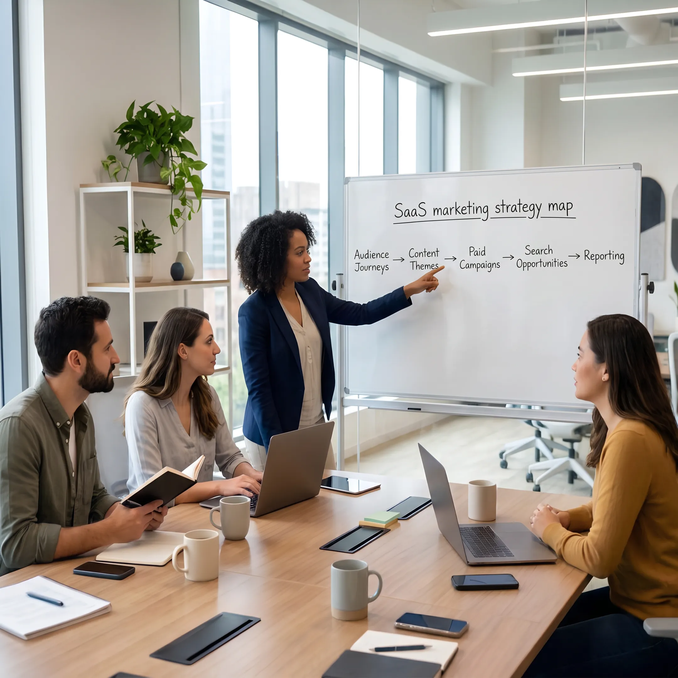Strategists planning an integrated SaaS marketing campaign