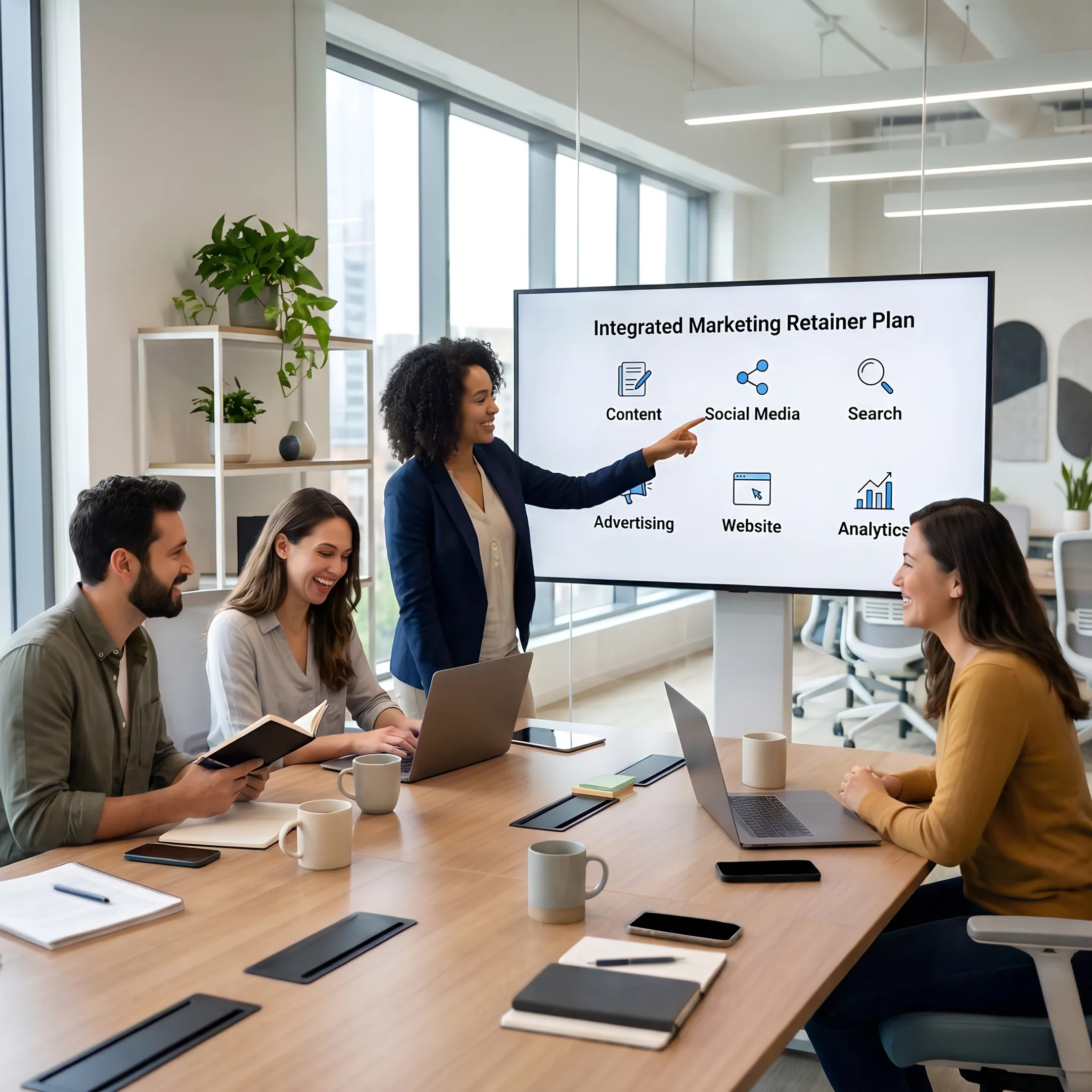 Marketing strategist presenting an integrated monthly campaign plan to business stakeholders