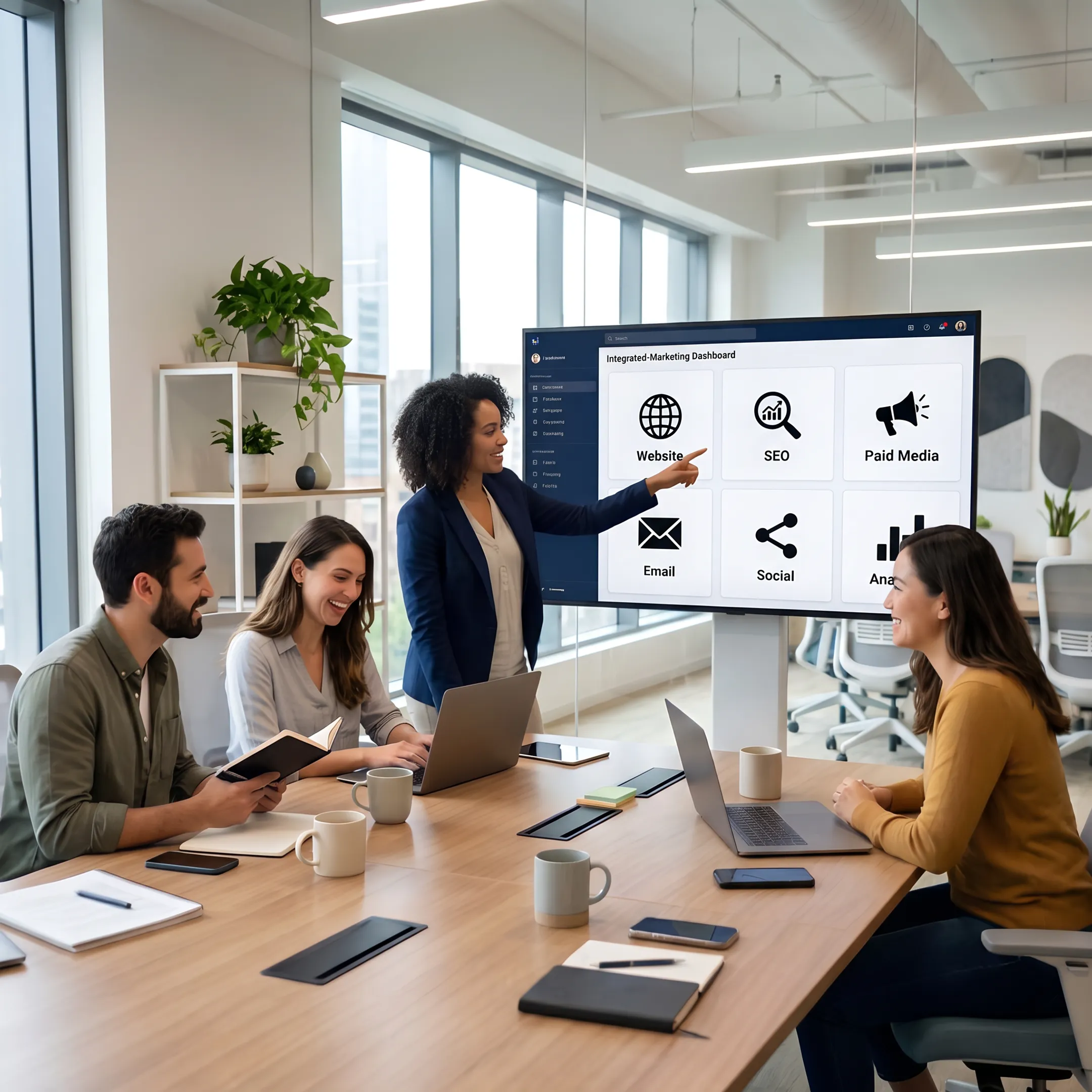 Marketing strategist presenting an integrated campaign plan to business leaders