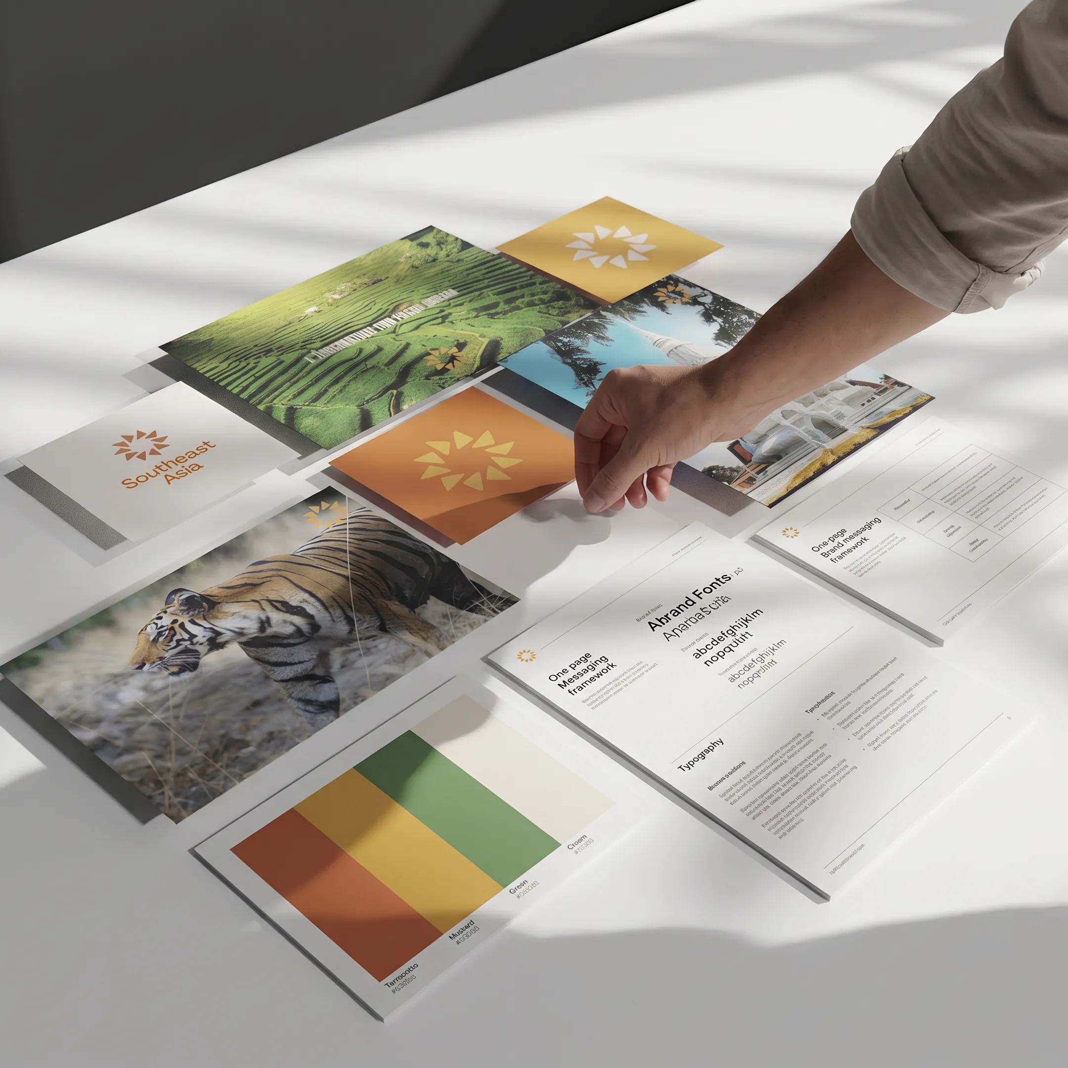 Brand strategist presenting a corporate visual identity system with logo, color, typography, and messaging examples
