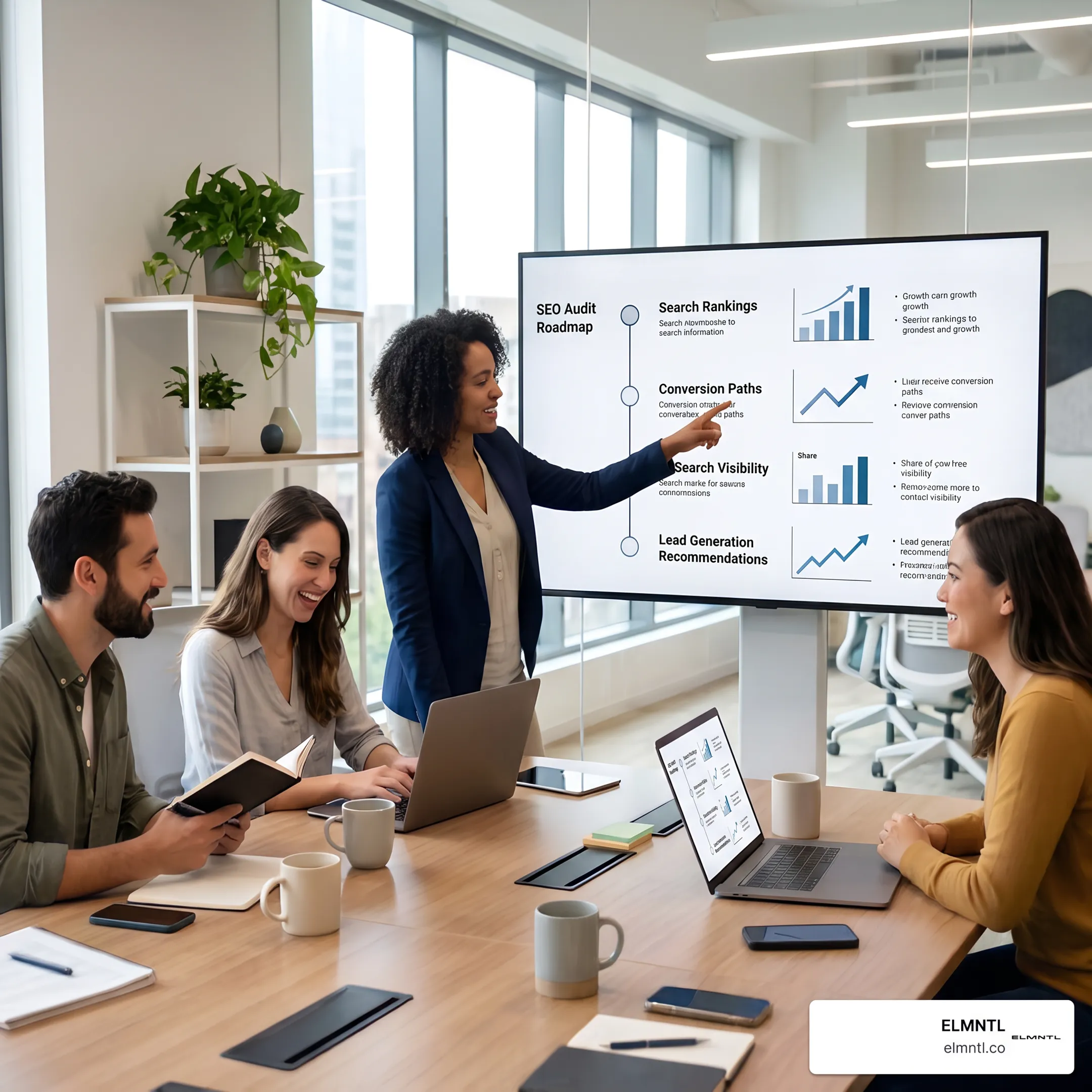 SEO specialist presenting an audit roadmap focused on website leads and search visibility