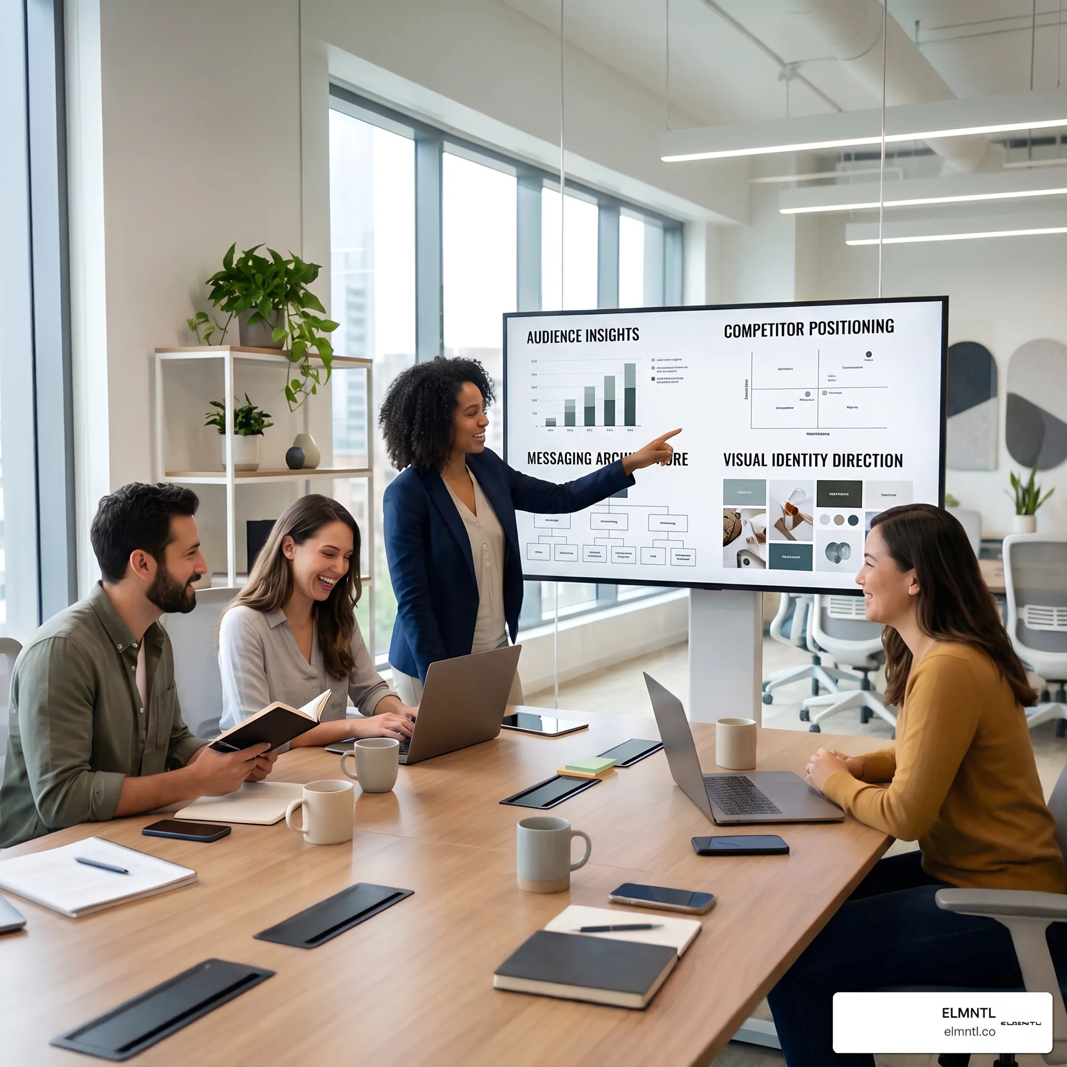 Brand strategist presenting a competitive positioning framework to a business team