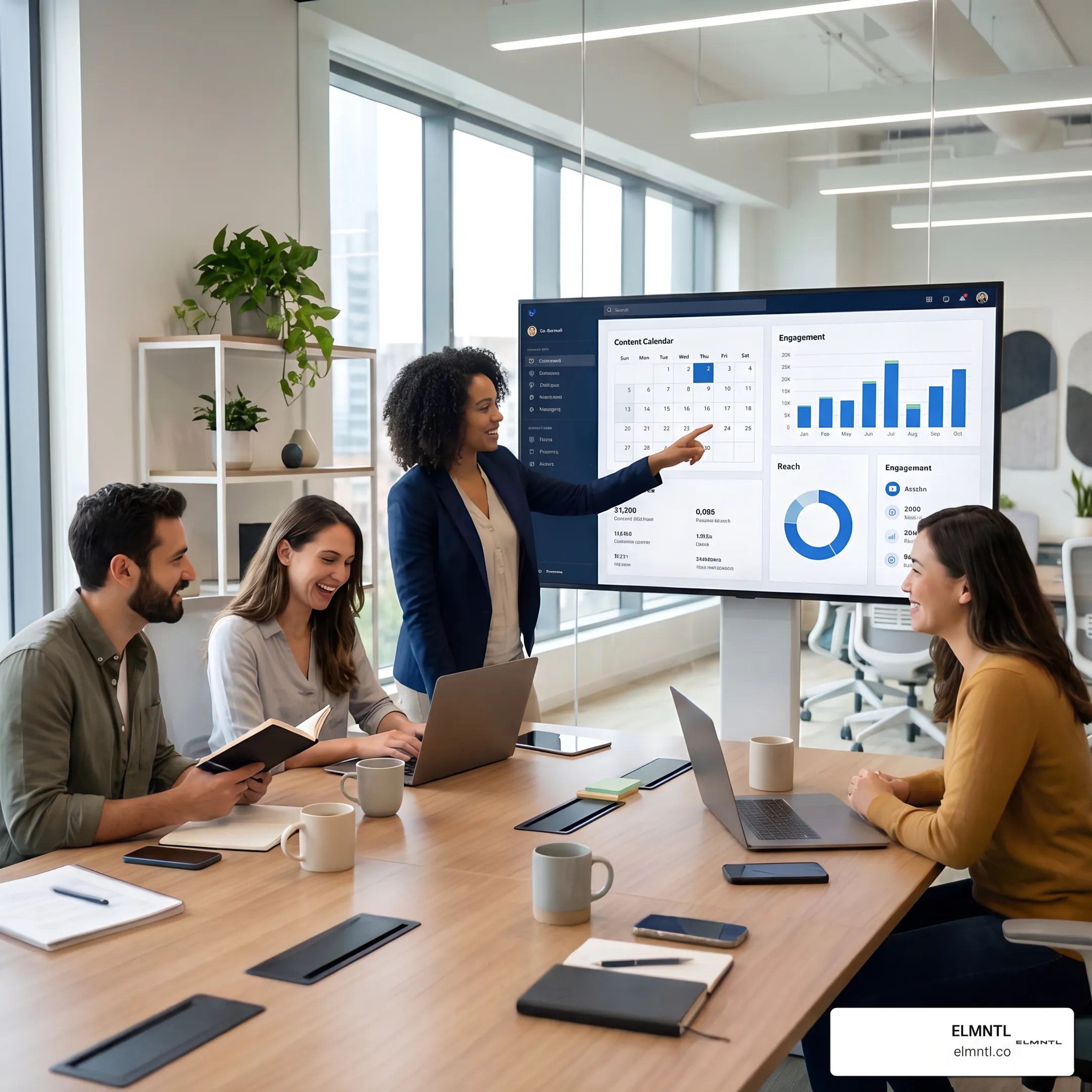 Social media strategist reviewing branded content calendar and performance analytics